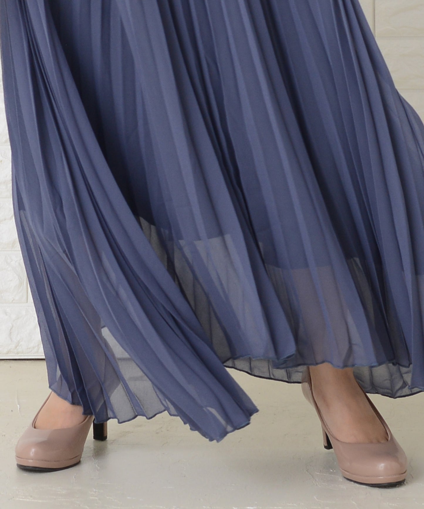 レース七分袖プリーツデザインロングワンピースドレス