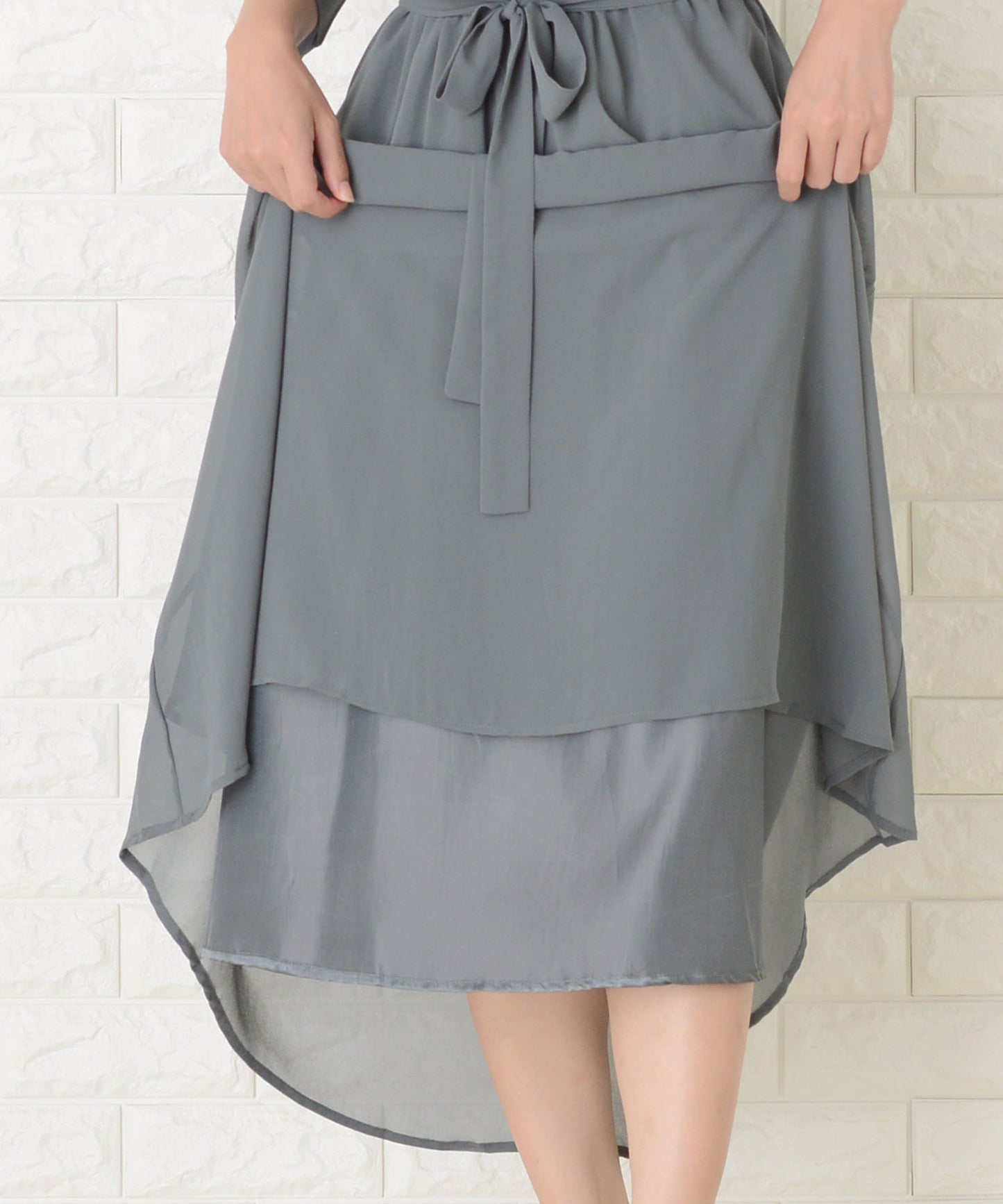 七分袖ウエストリボン付きシフォンロングワンピースドレス