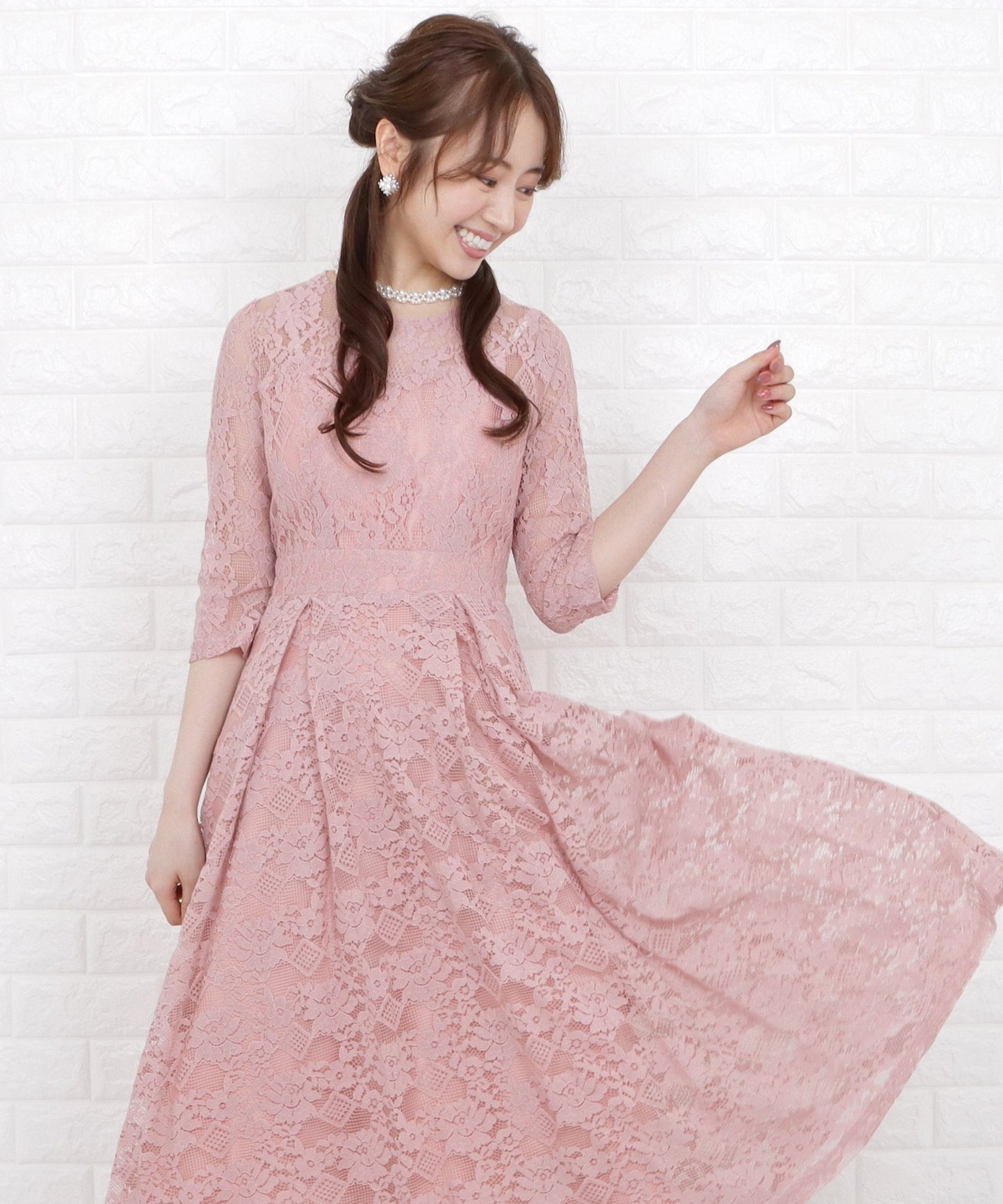 五分袖総レース ミモレ丈ワンピースドレス
