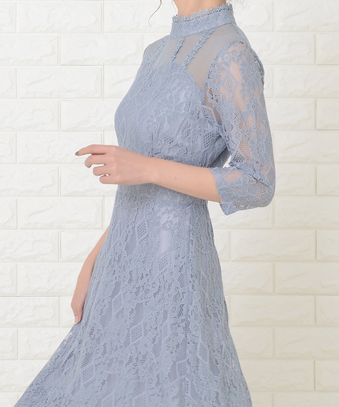 ハイネック 七分袖 総レース ロング丈ワンピースドレス