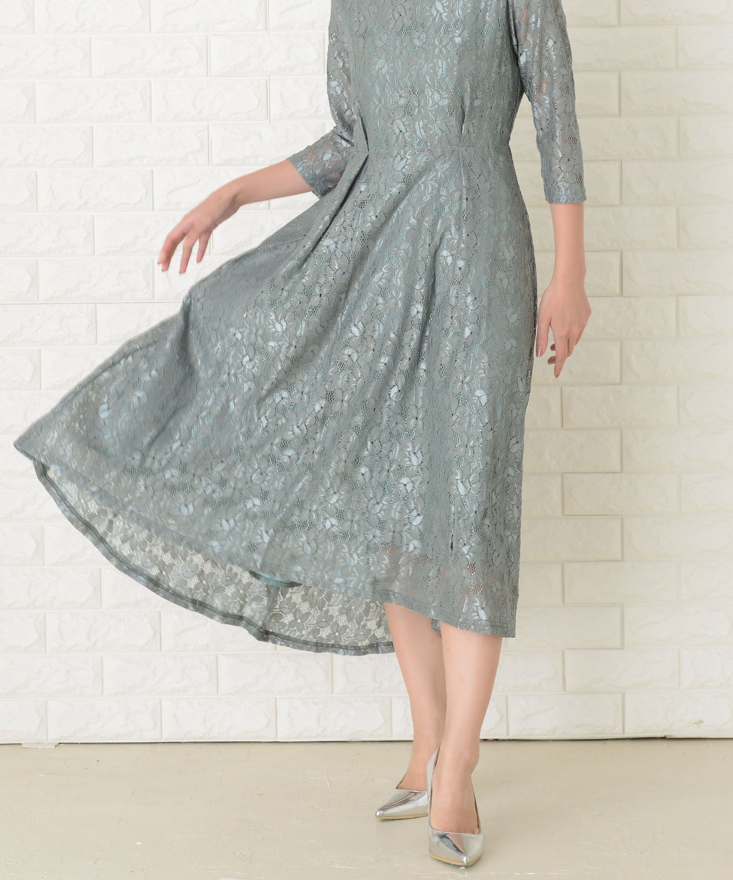 七分袖総レースフィッシュテールワンピース・ドレス