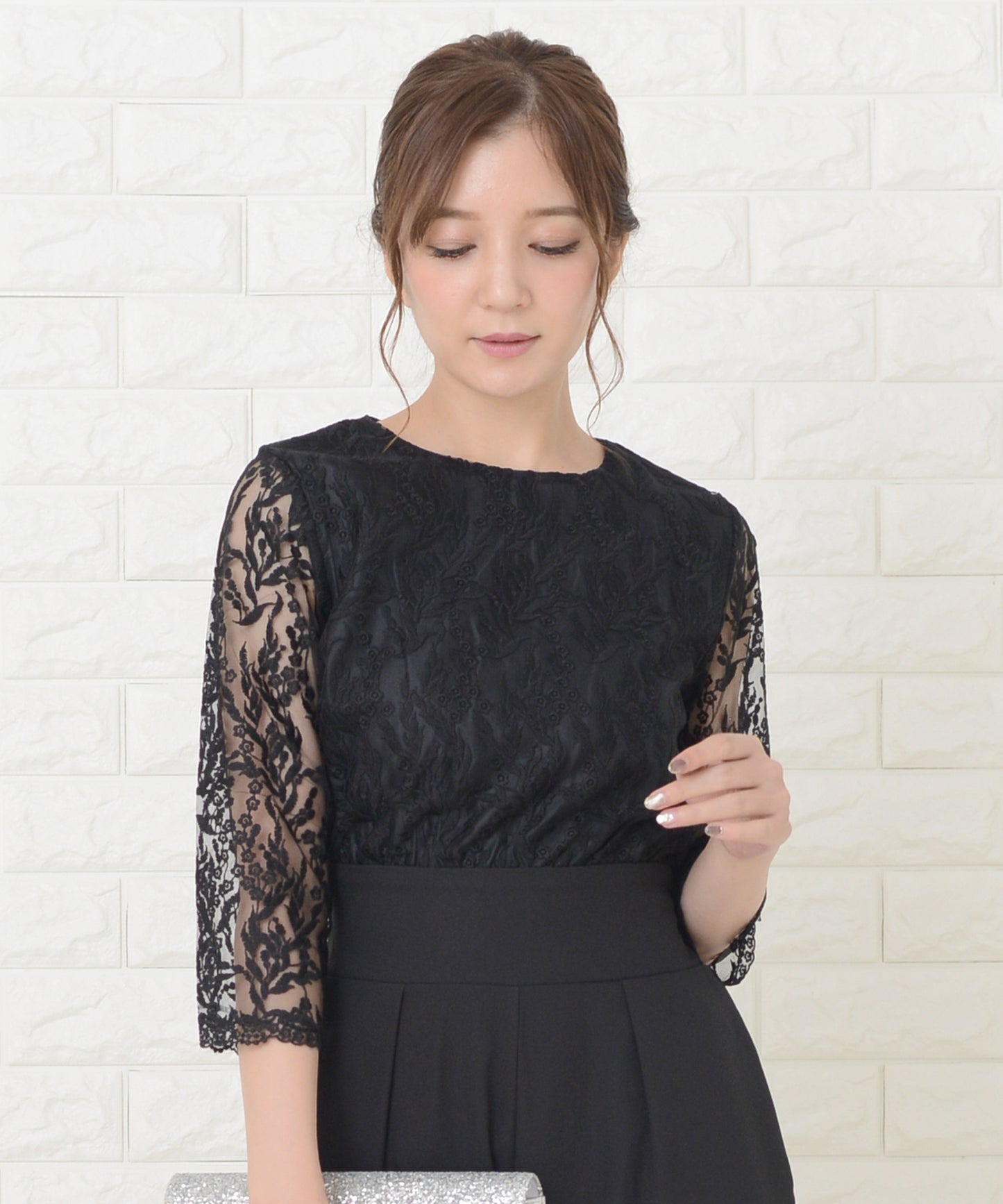 レース袖 オールインワン パンツドレス