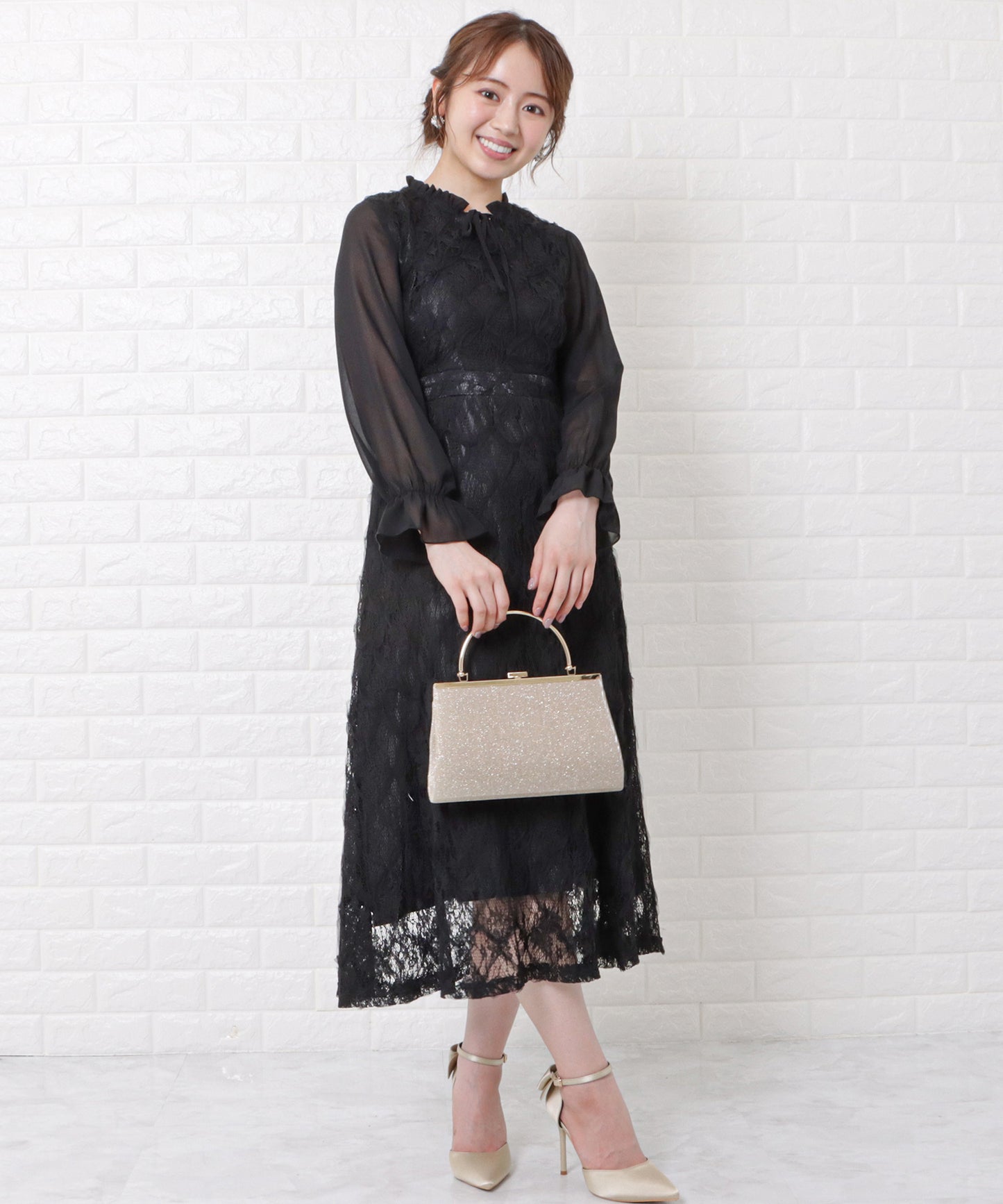 シフォン袖レースロングワンピースドレス
