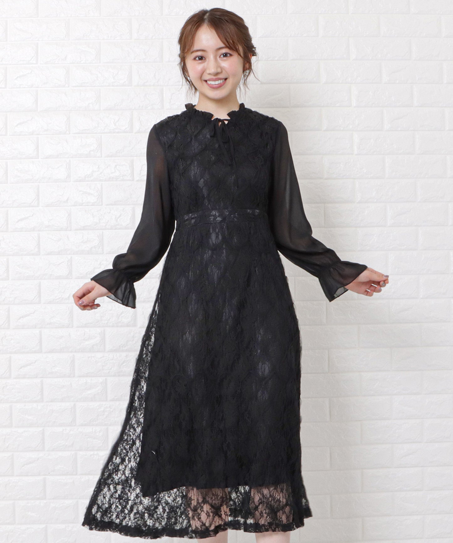 シフォン袖レースロングワンピースドレス