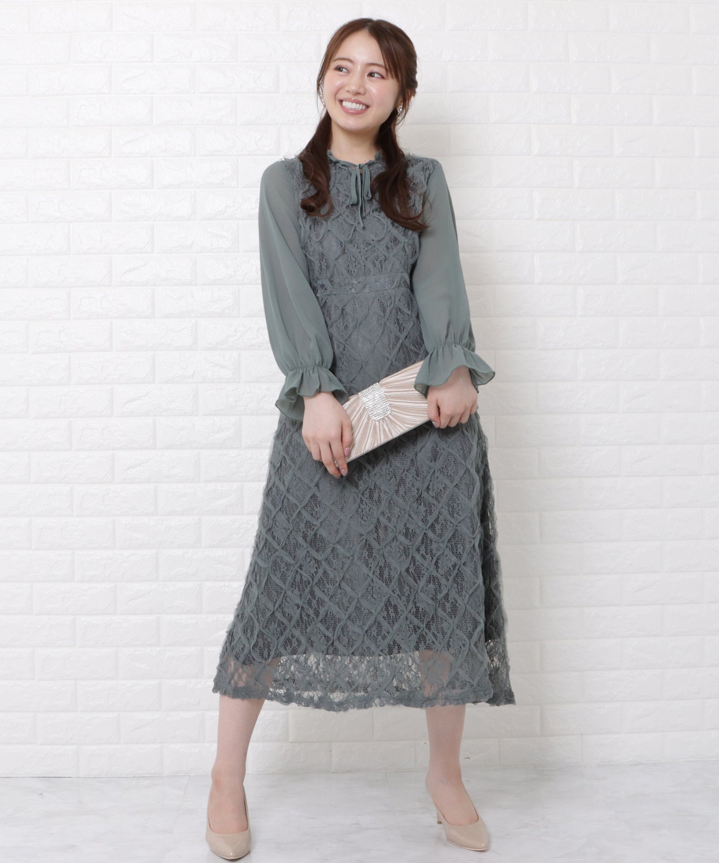 シフォン袖レースロングワンピースドレス