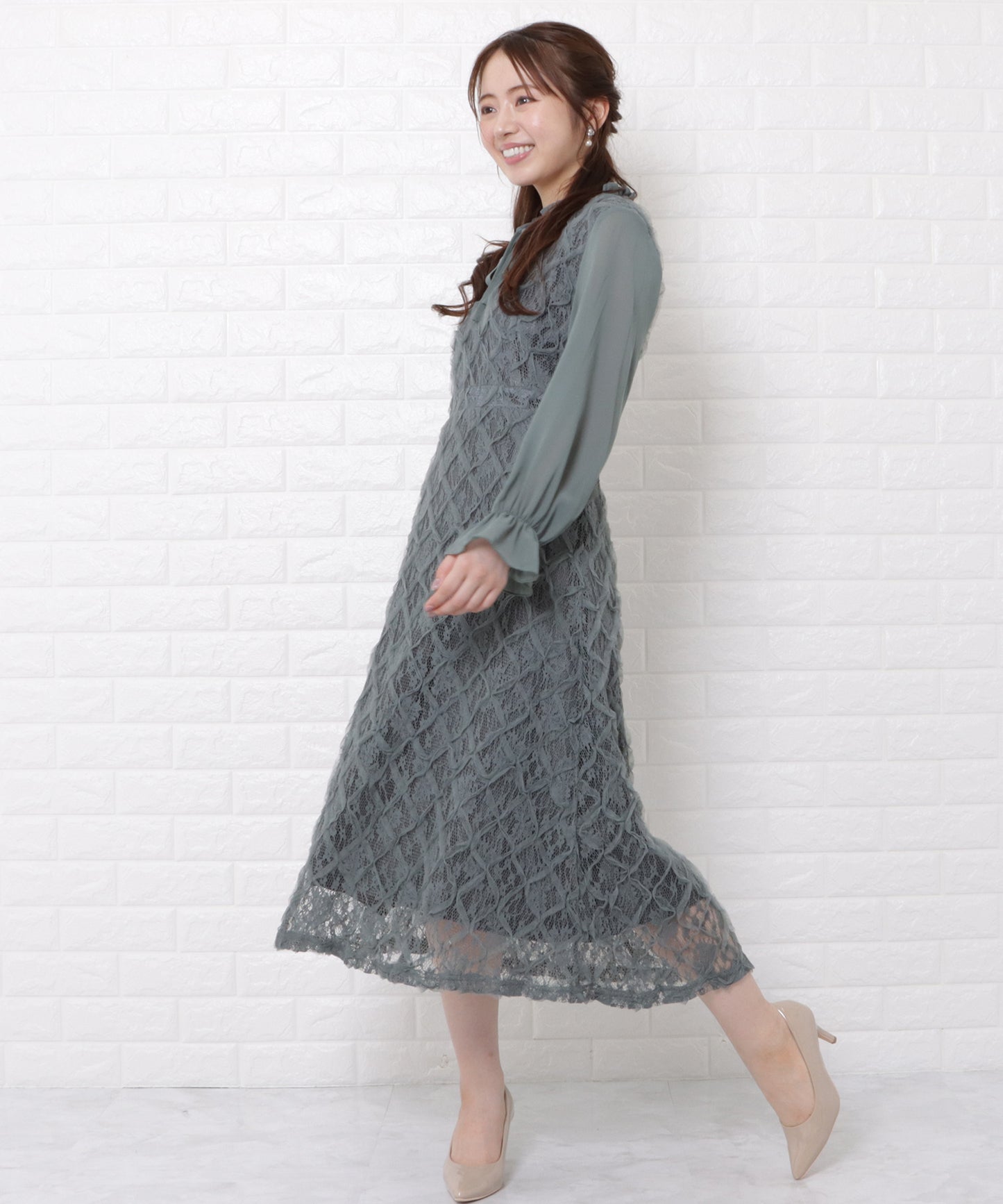 シフォン袖レースロングワンピースドレス