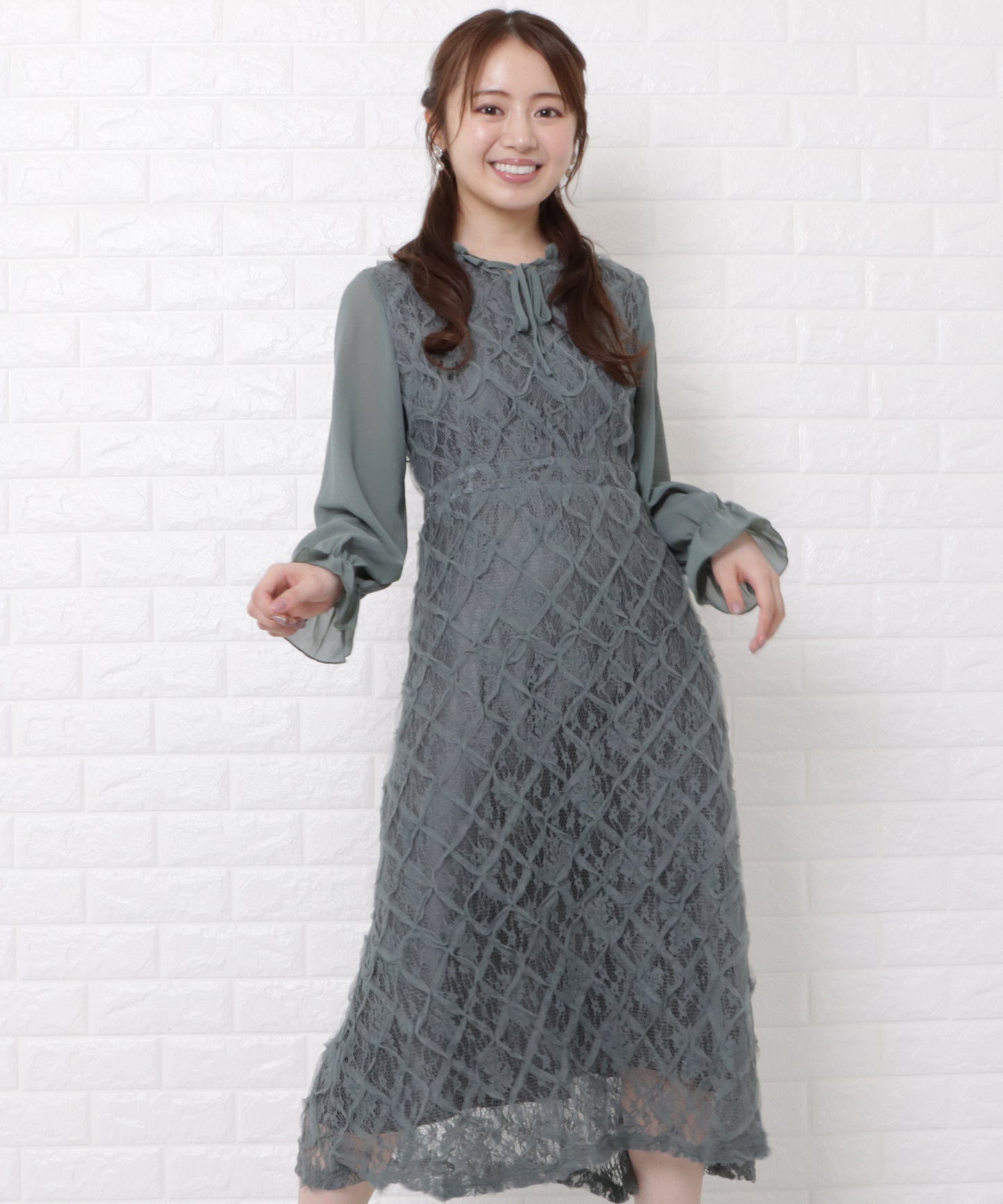 シフォン袖レースロングワンピースドレス