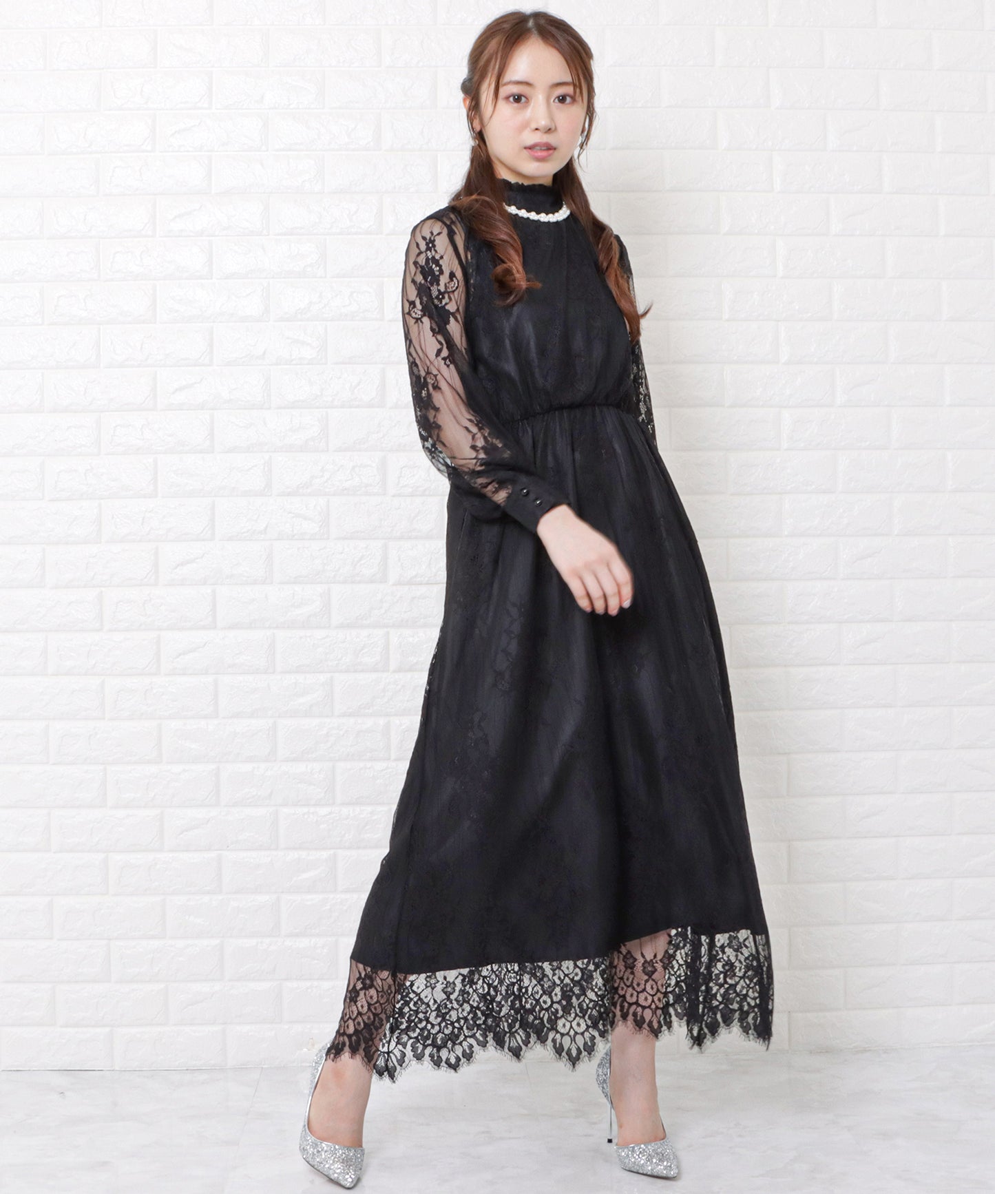 総レースハイネックロングワンピースドレス