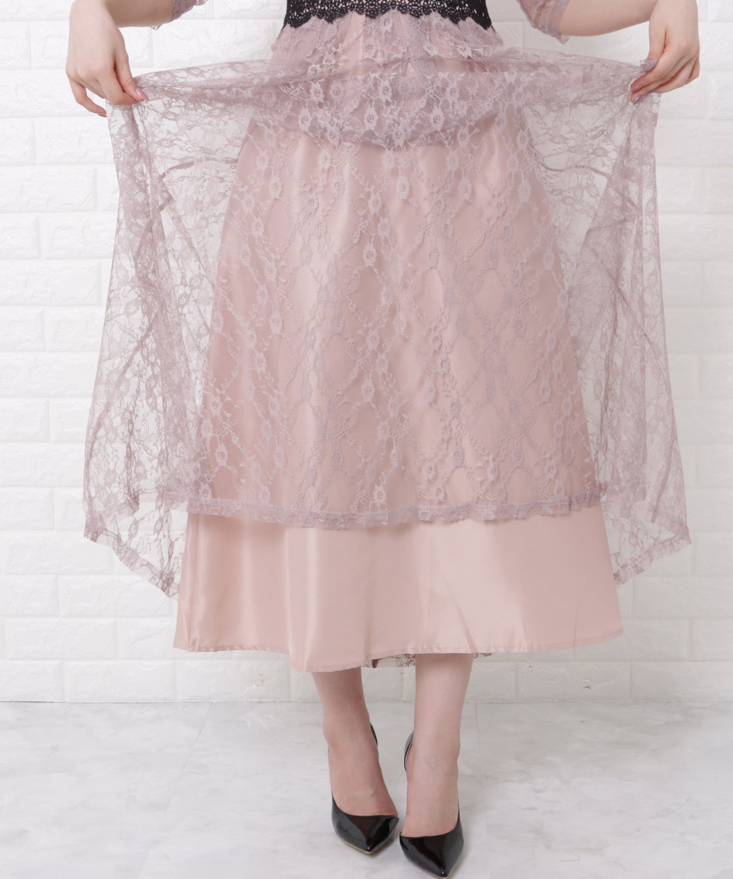 総レースハイネックマキシワンピースドレス