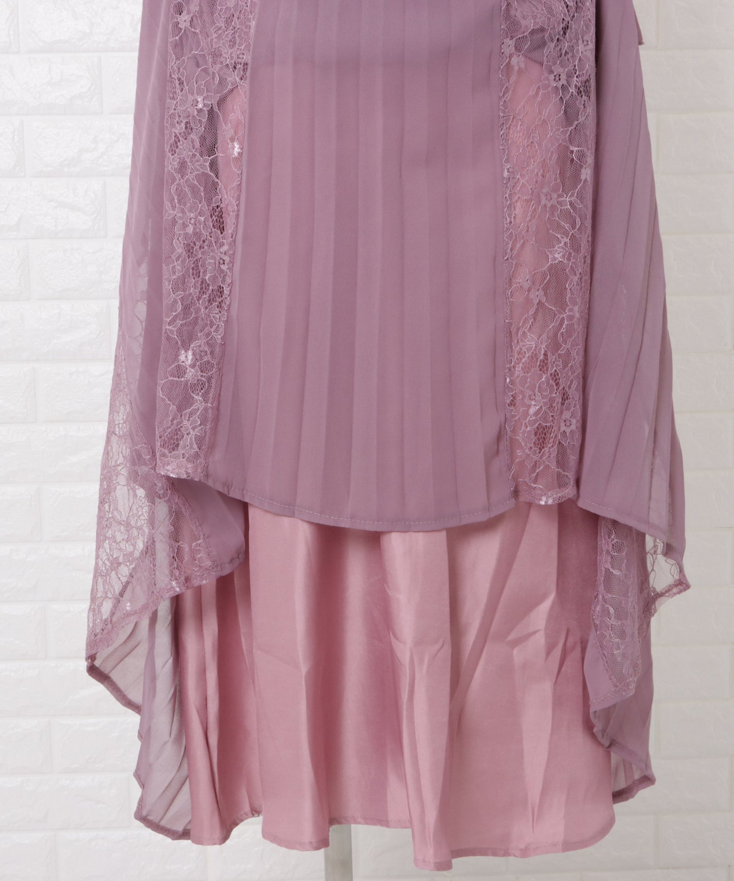 レースプリーツ切替ロングワンピースドレス