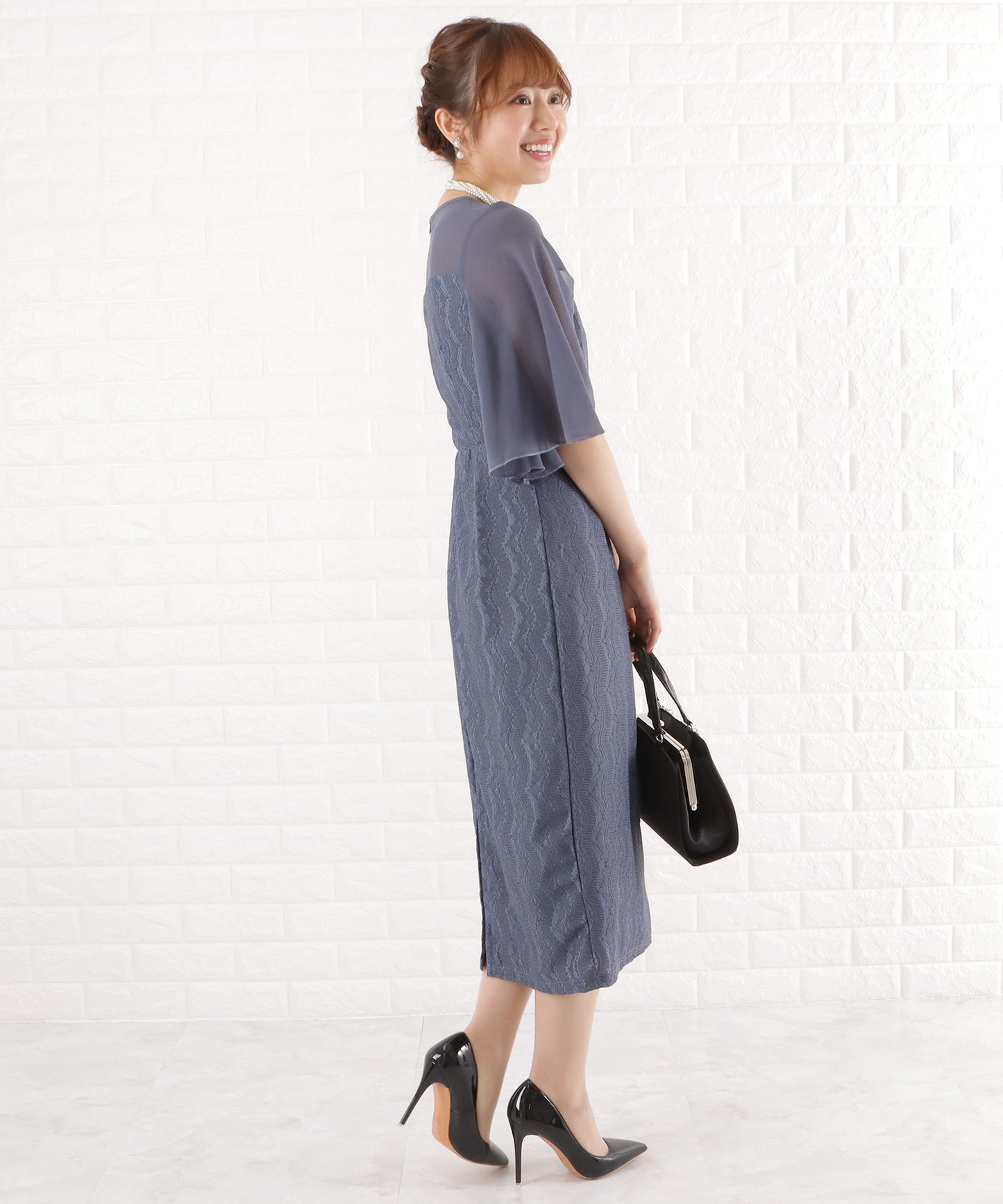シフォン袖Iラインレースワンピースドレス