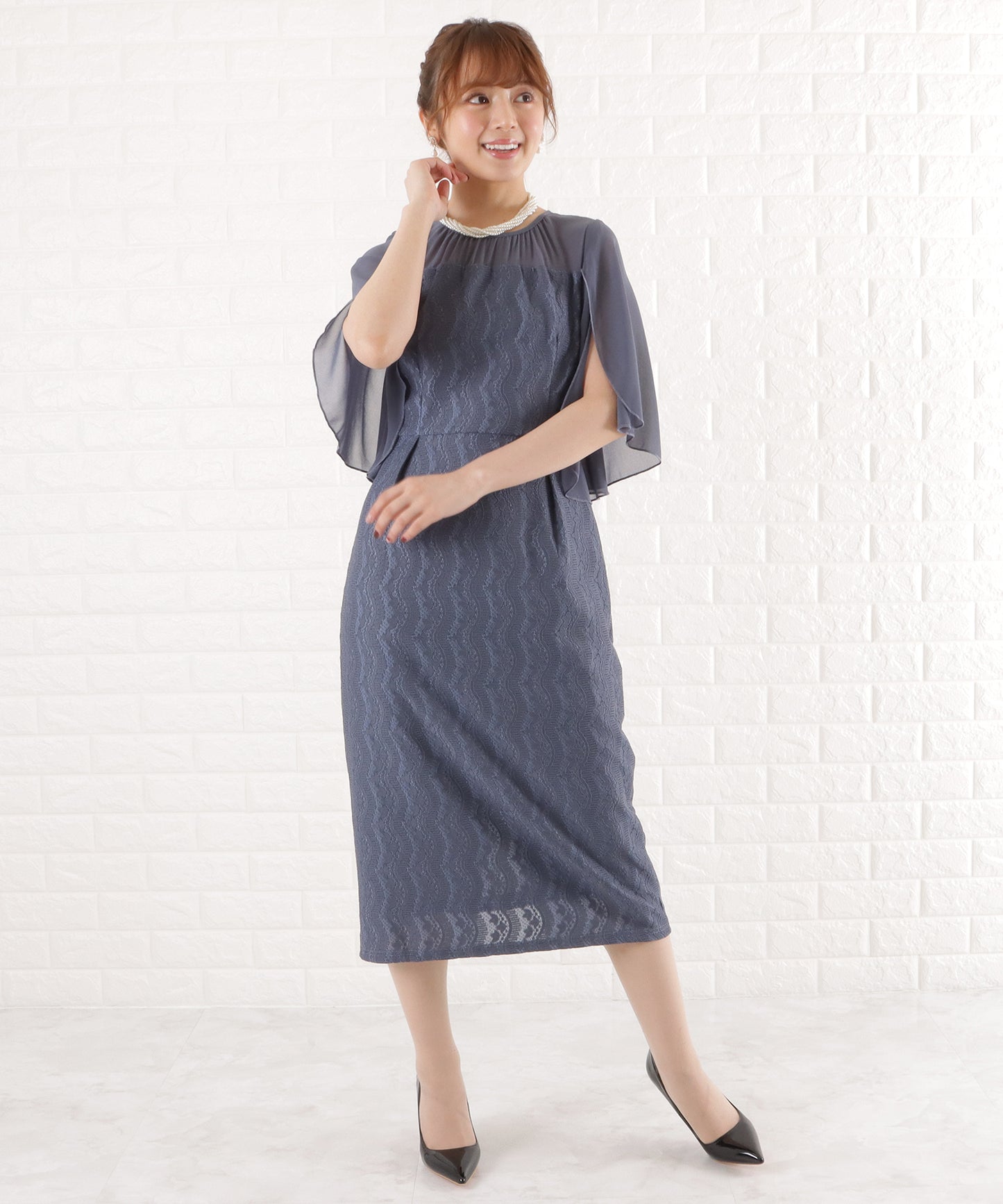 シフォン袖Iラインレースワンピースドレス
