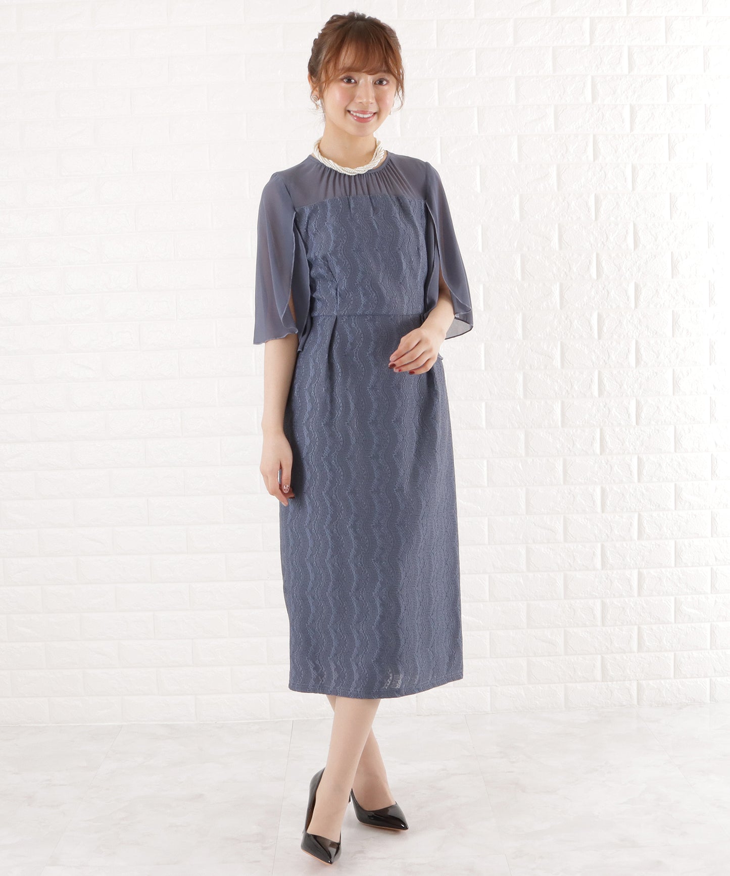 シフォン袖Iラインレースワンピースドレス