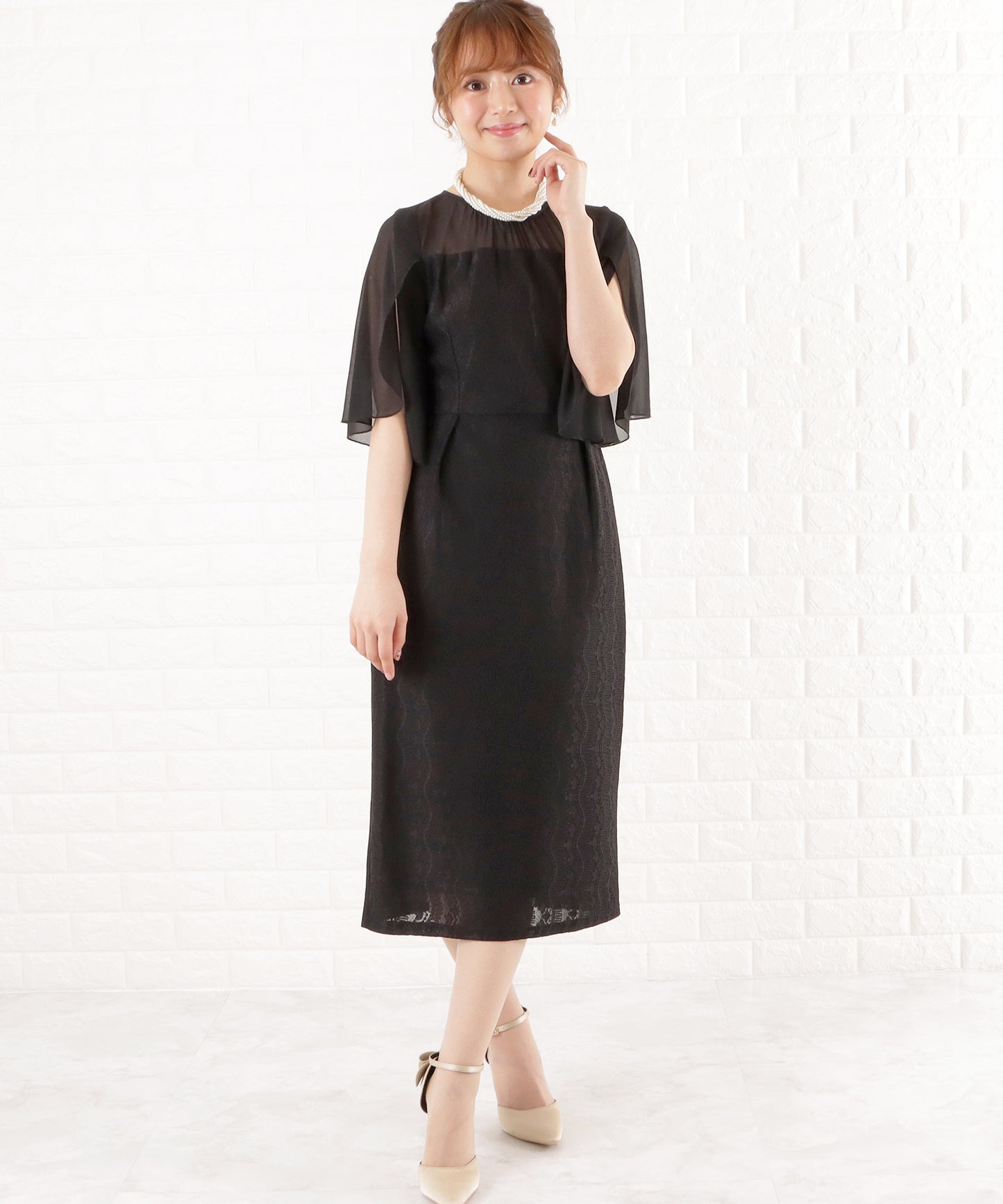 シフォン袖Iラインレースワンピースドレス