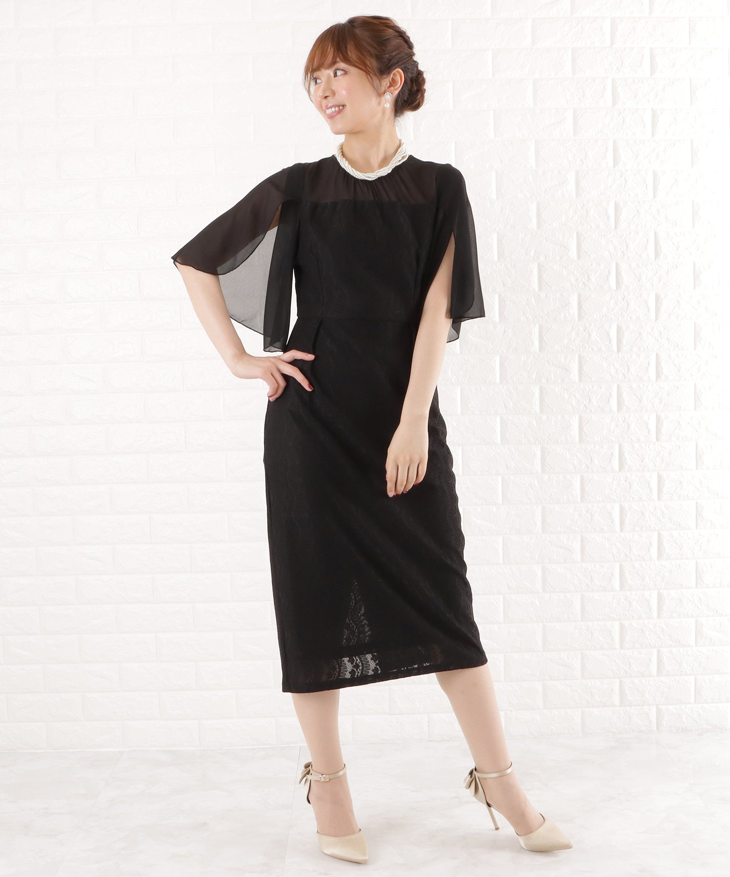シフォン袖Iラインレースワンピースドレス
