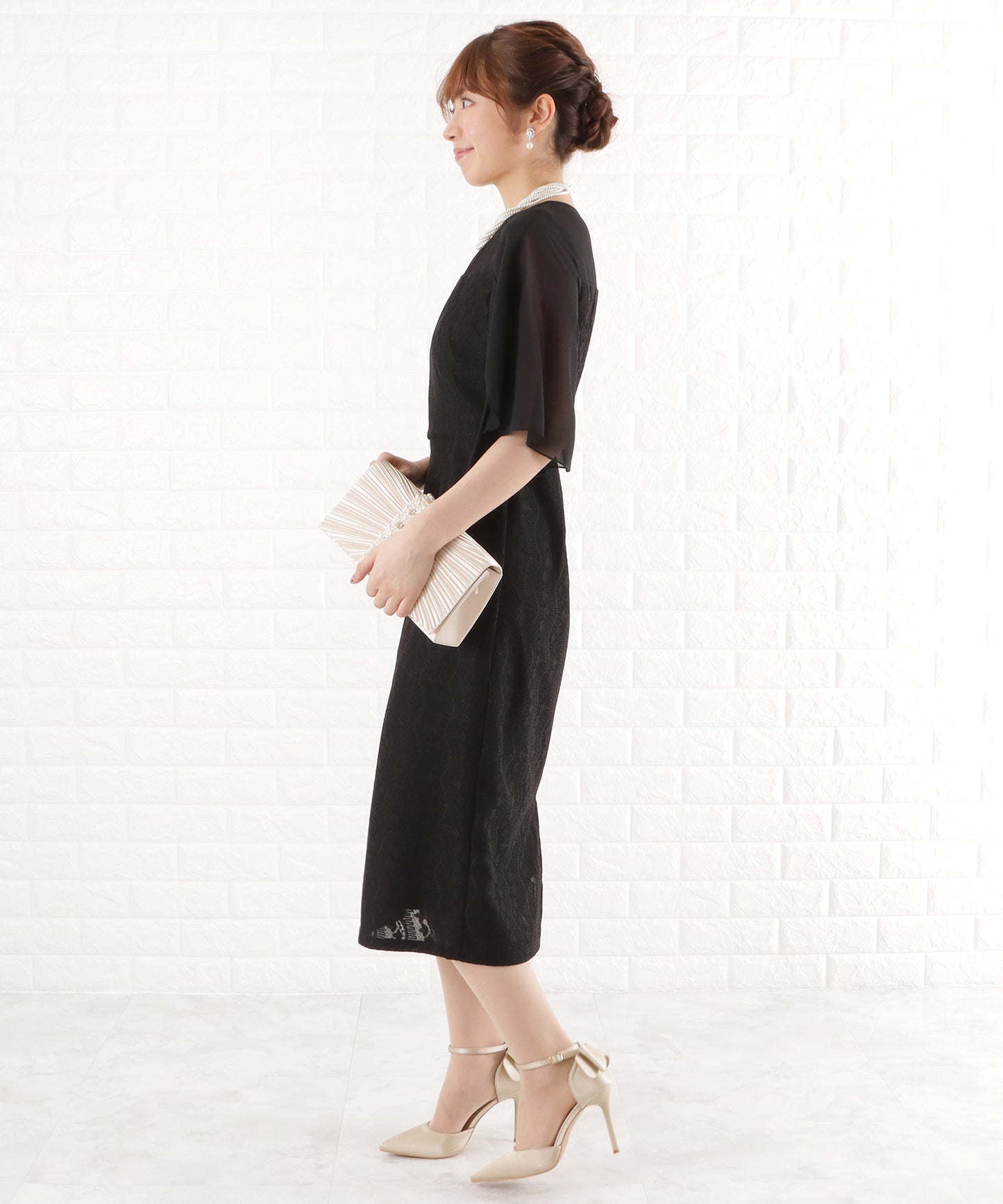 シフォン袖Iラインレースワンピースドレス