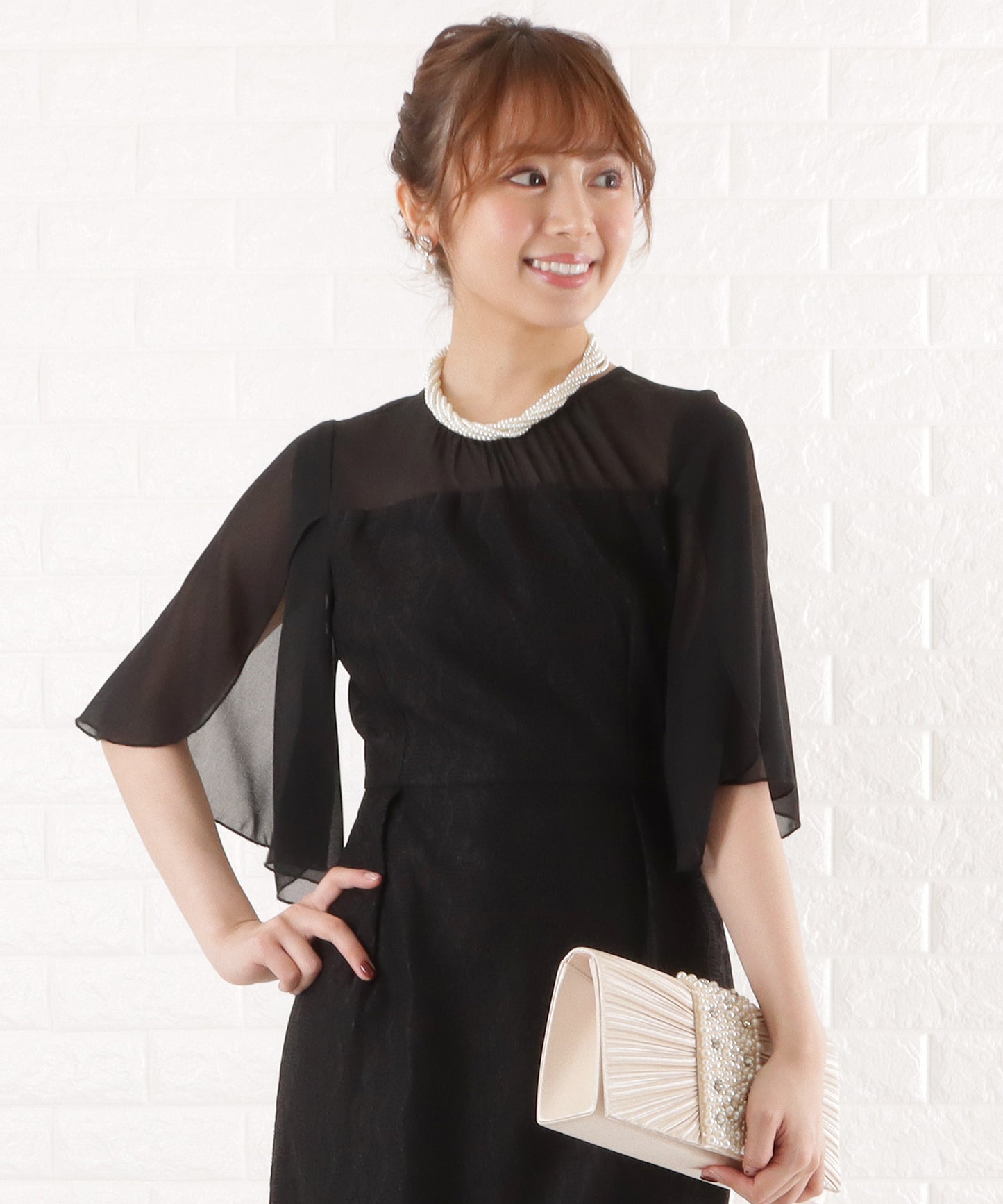 シフォン袖Iラインレースワンピースドレス