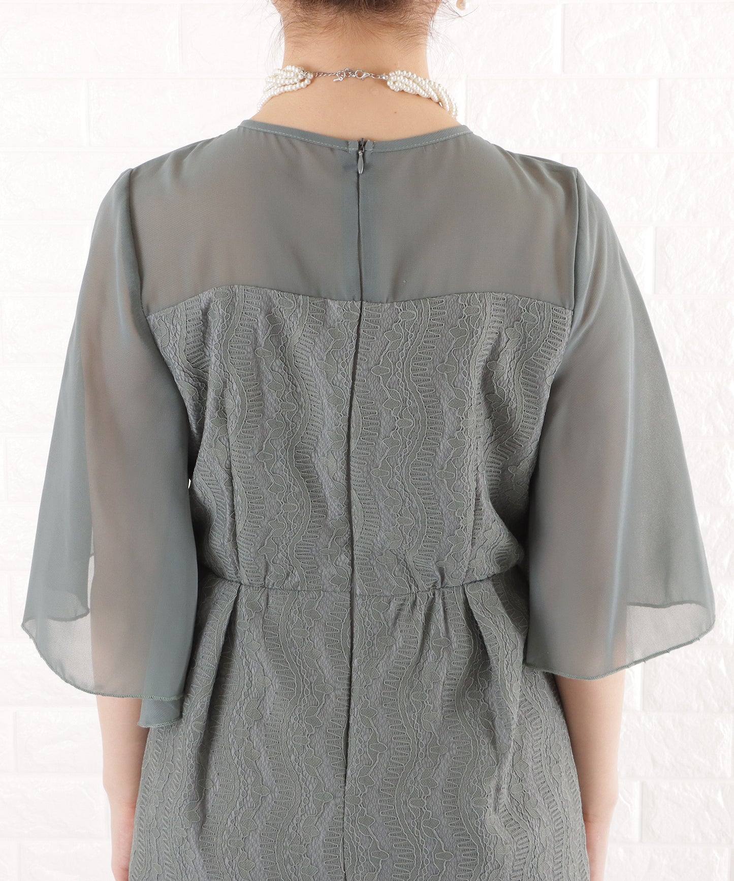 シフォン袖Iラインレースワンピースドレス