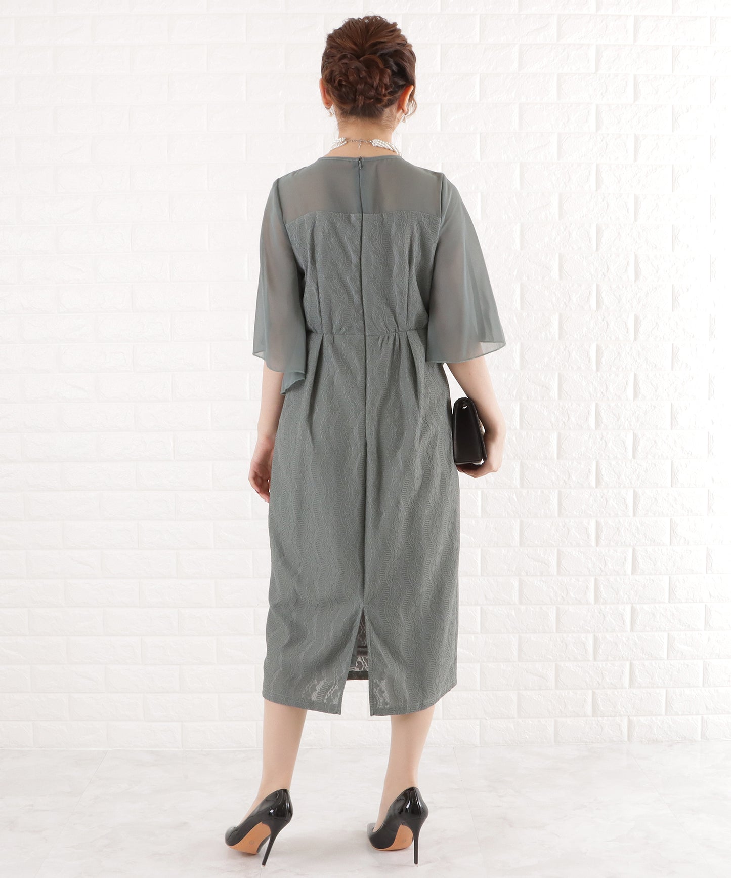 シフォン袖Iラインレースワンピースドレス