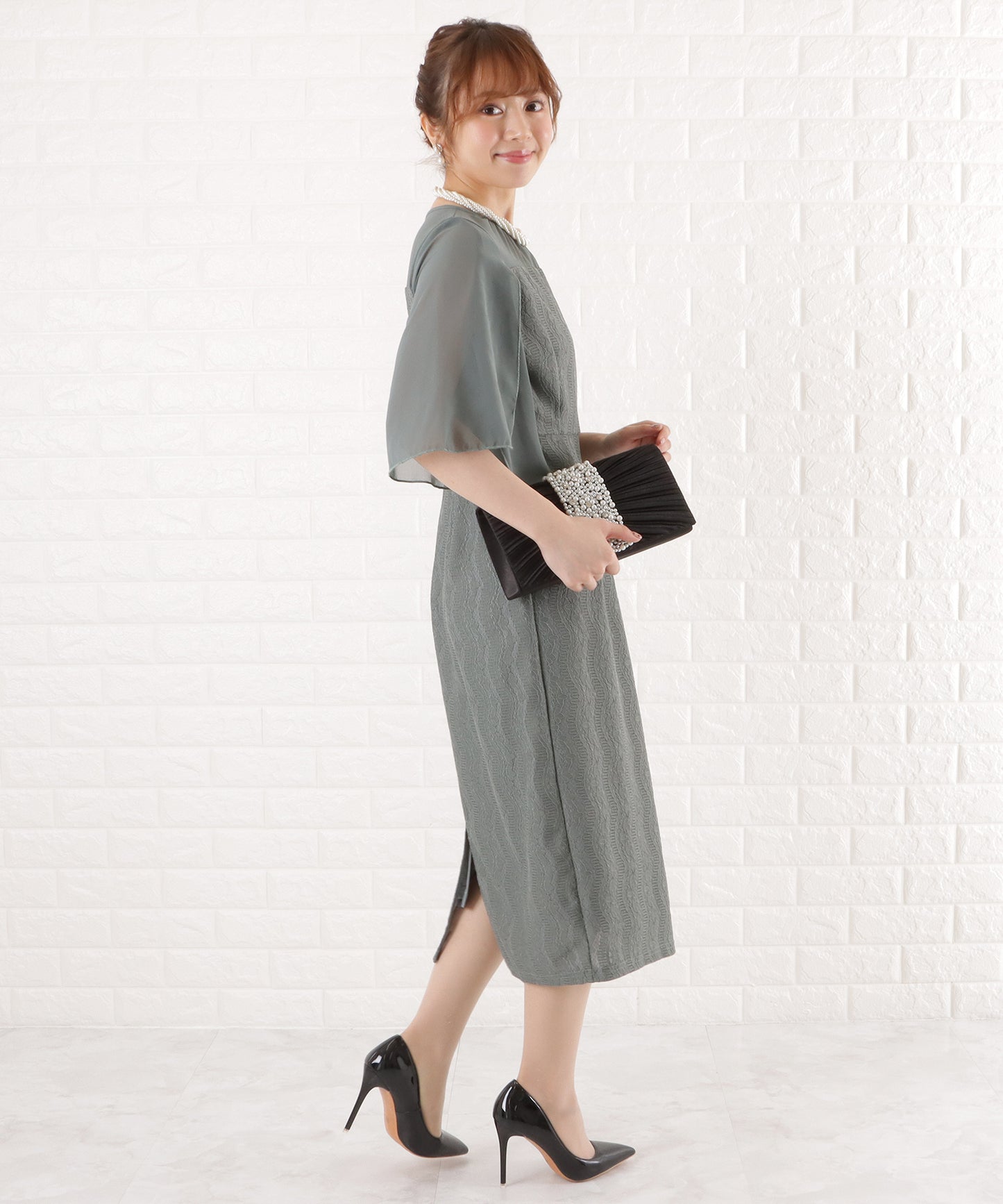 シフォン袖Iラインレースワンピースドレス
