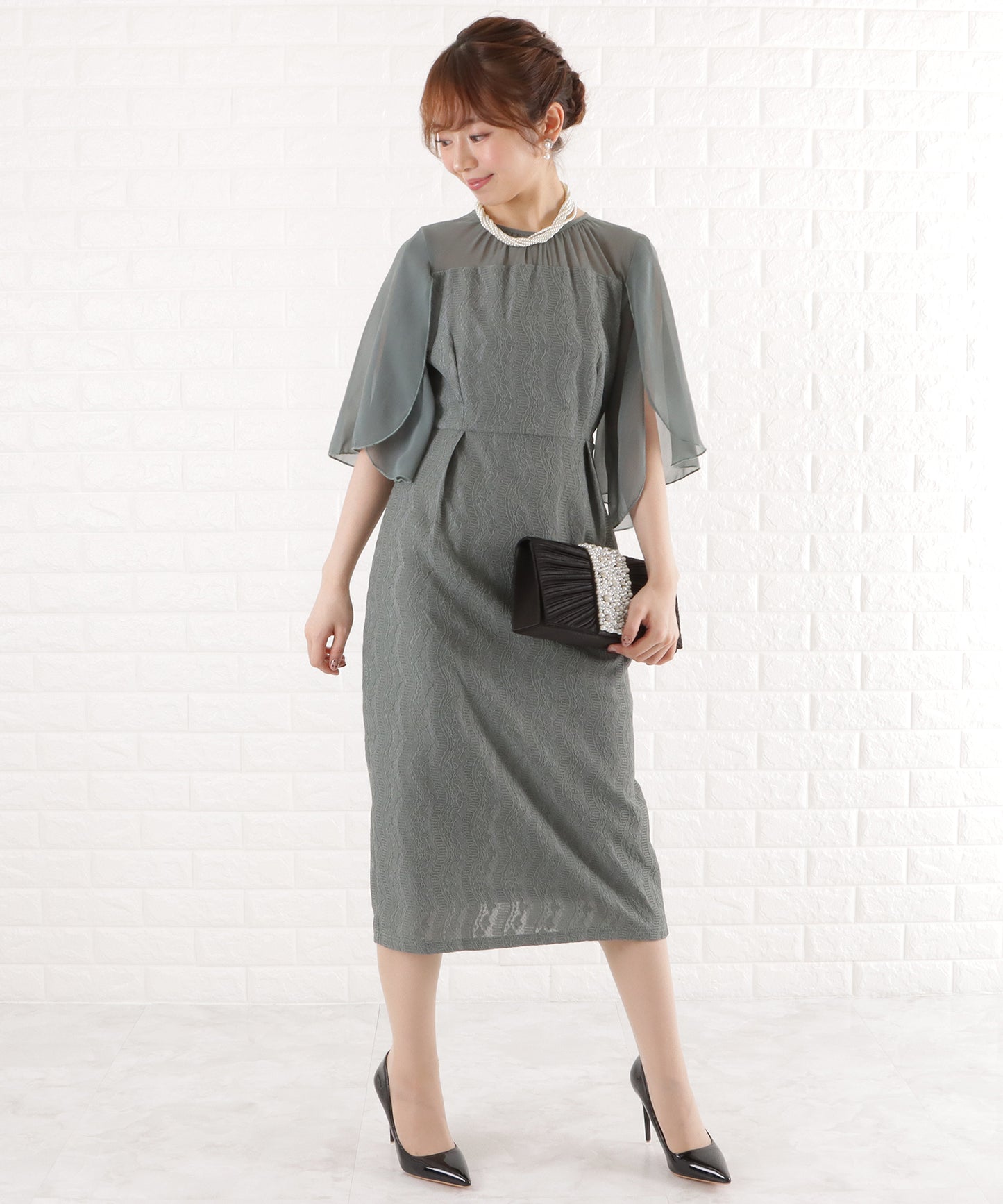 シフォン袖Iラインレースワンピースドレス