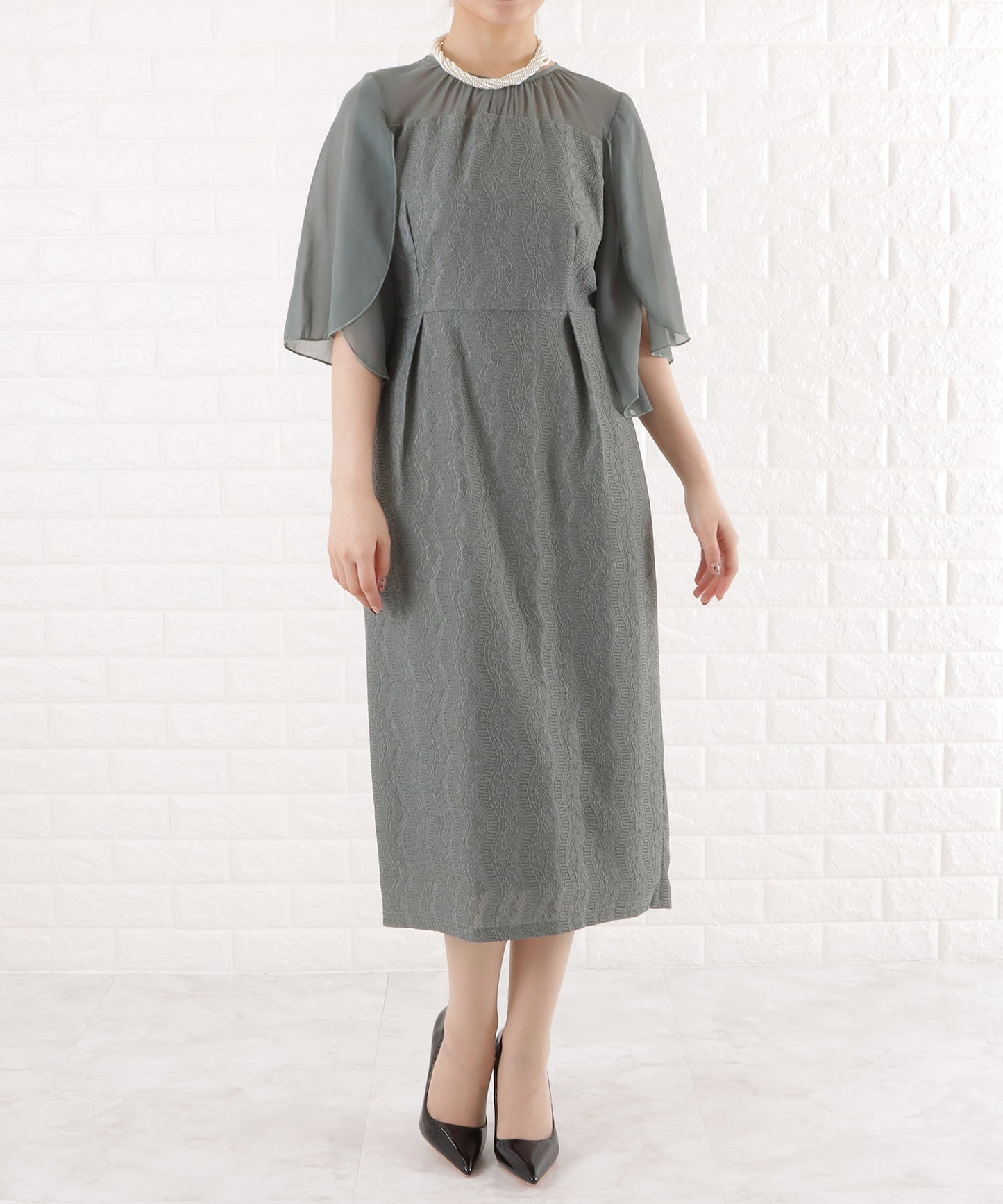 シフォン袖Iラインレースワンピースドレス
