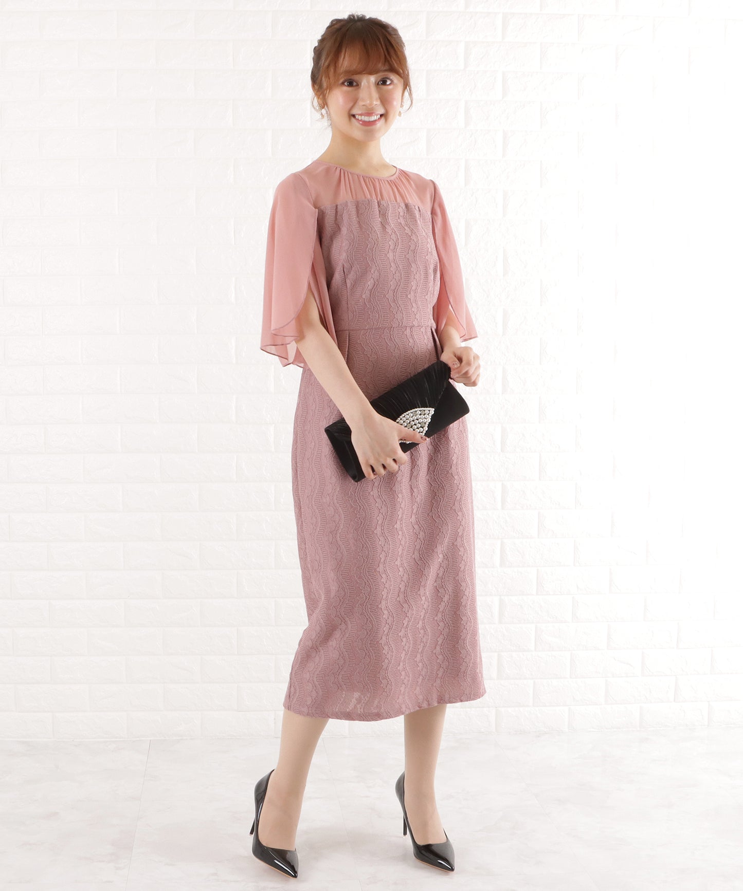 シフォン袖Iラインレースワンピースドレス