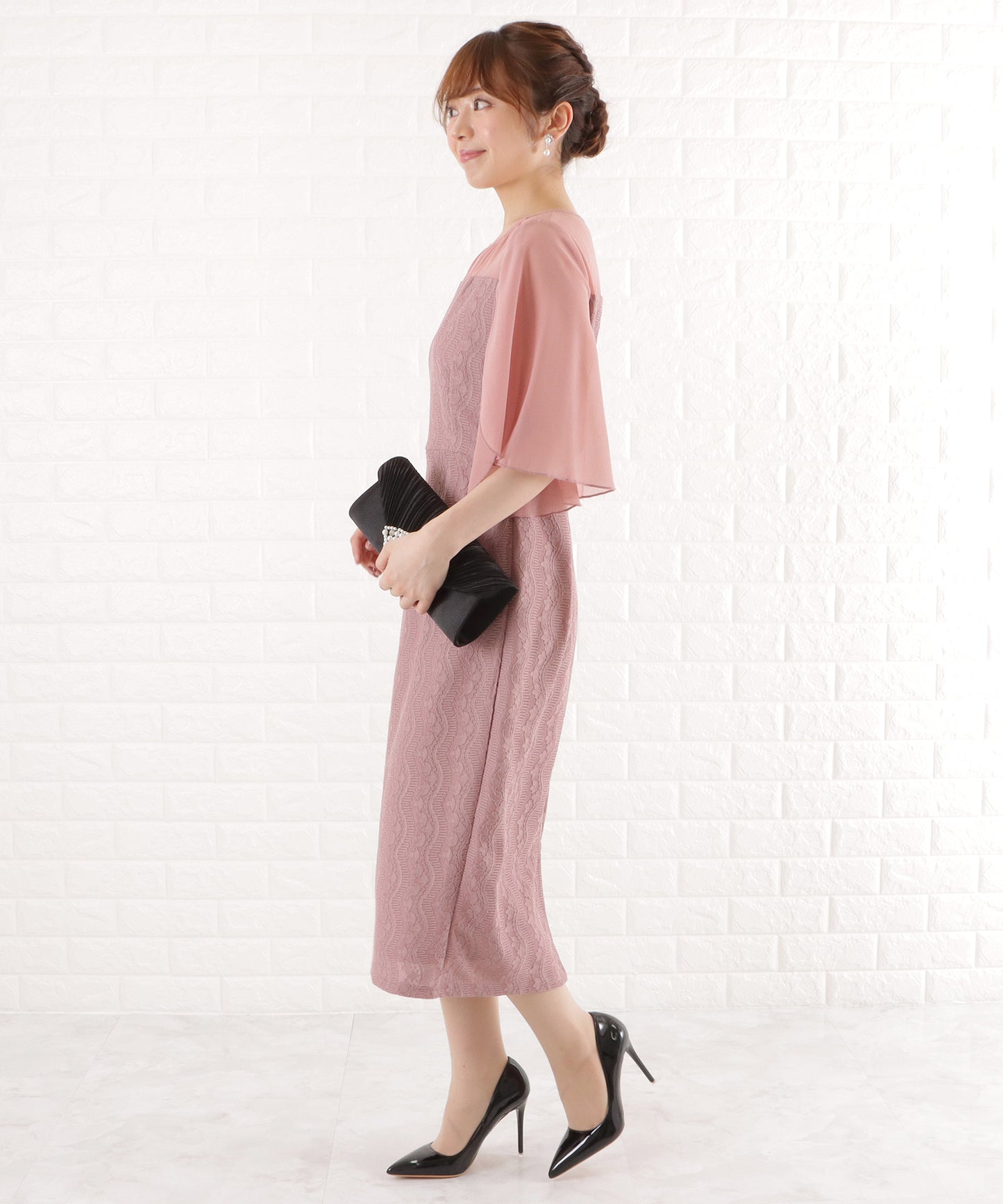 シフォン袖Iラインレースワンピースドレス