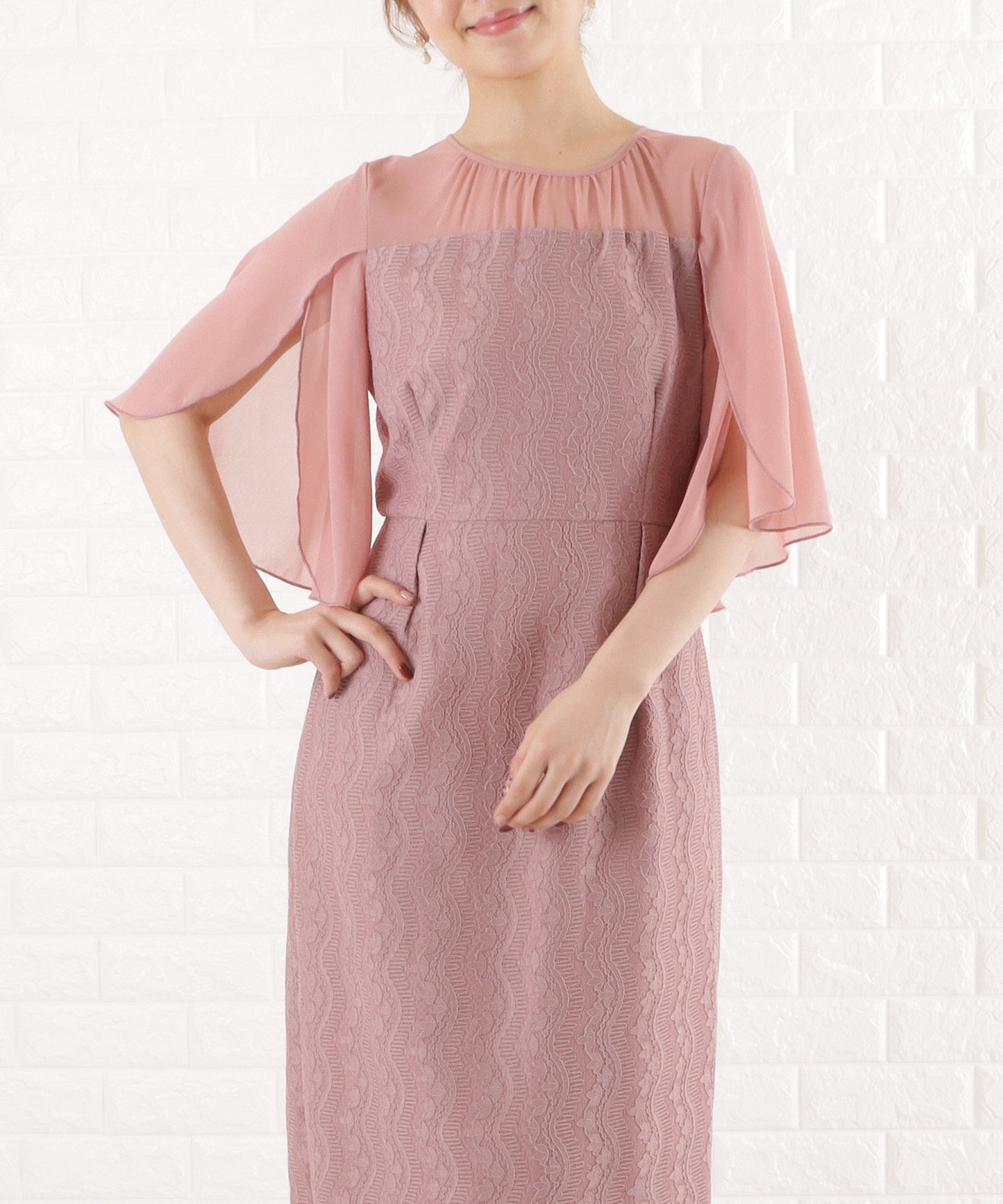 シフォン袖Iラインレースワンピースドレス