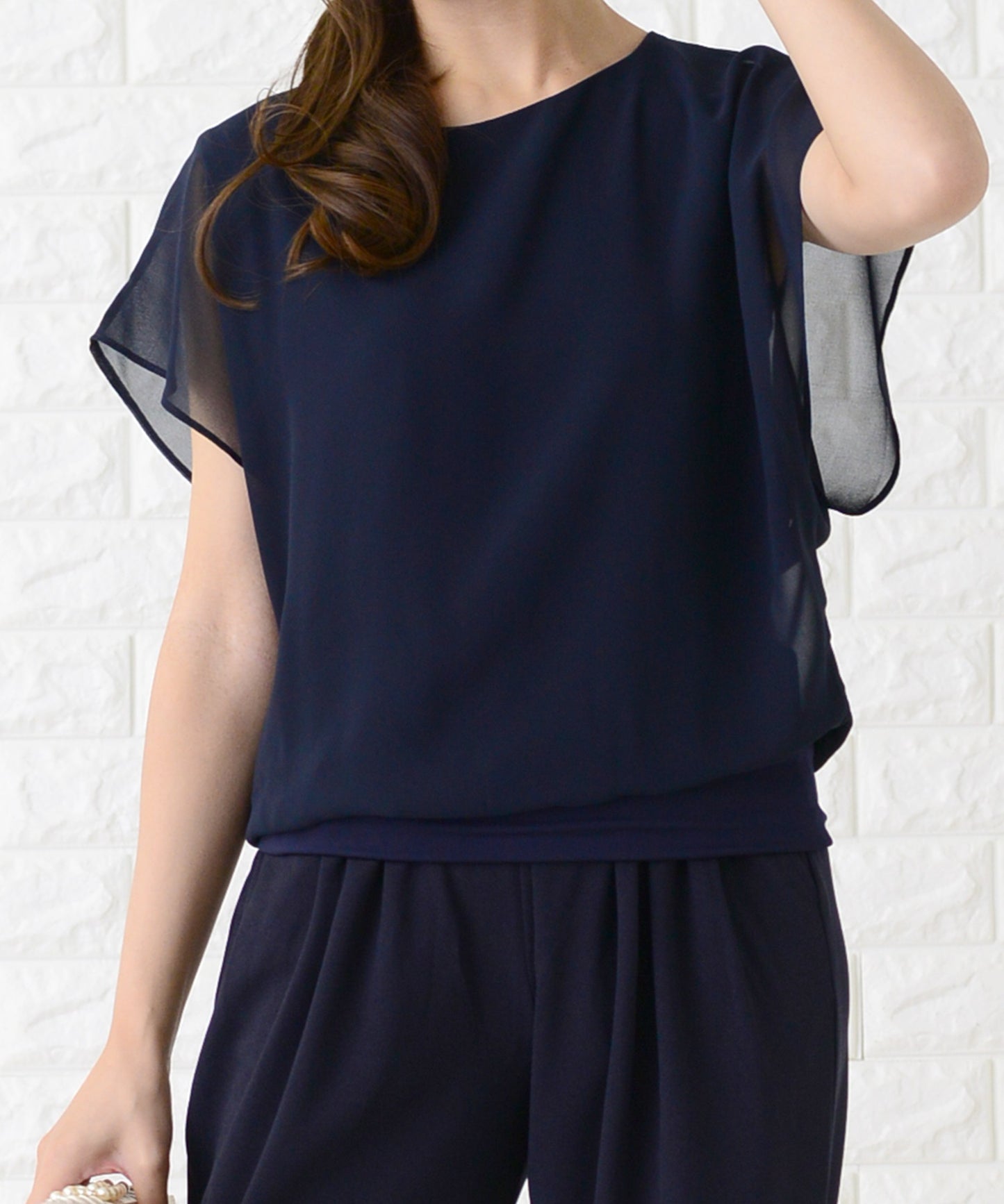 シフォンフリル袖クルーネックシンプルセットアップ・パンツドレス
