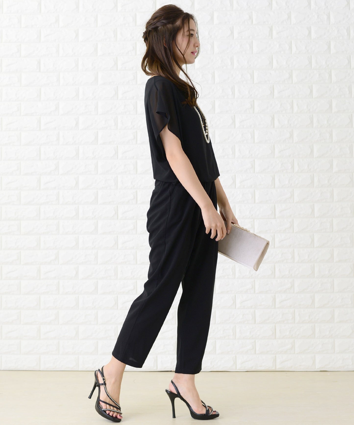 シフォンフリル袖クルーネックシンプルセットアップ・パンツドレス