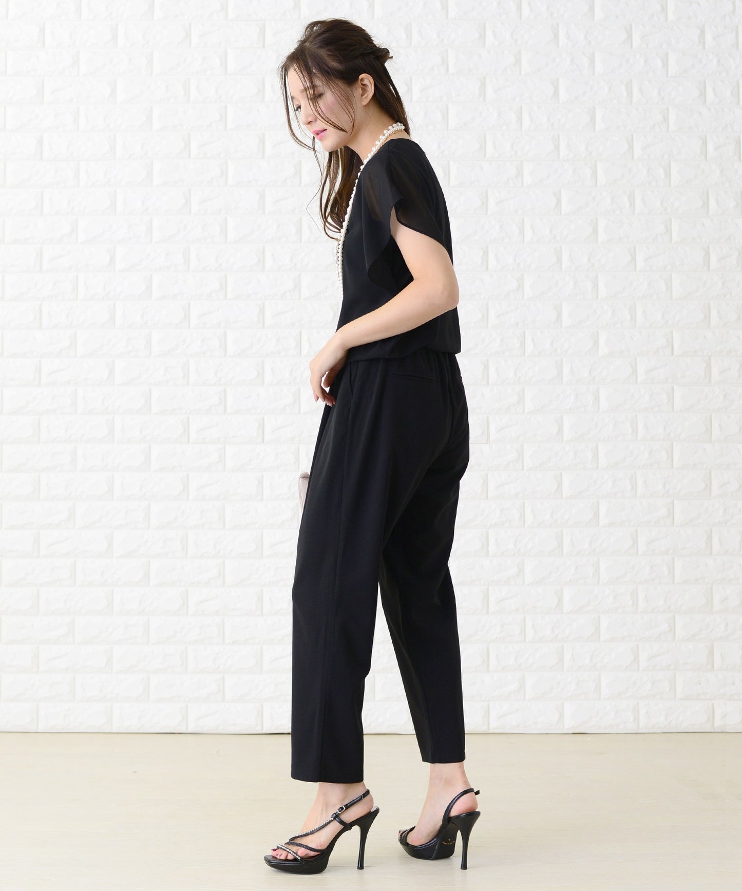 シフォンフリル袖クルーネックシンプルセットアップ・パンツドレス