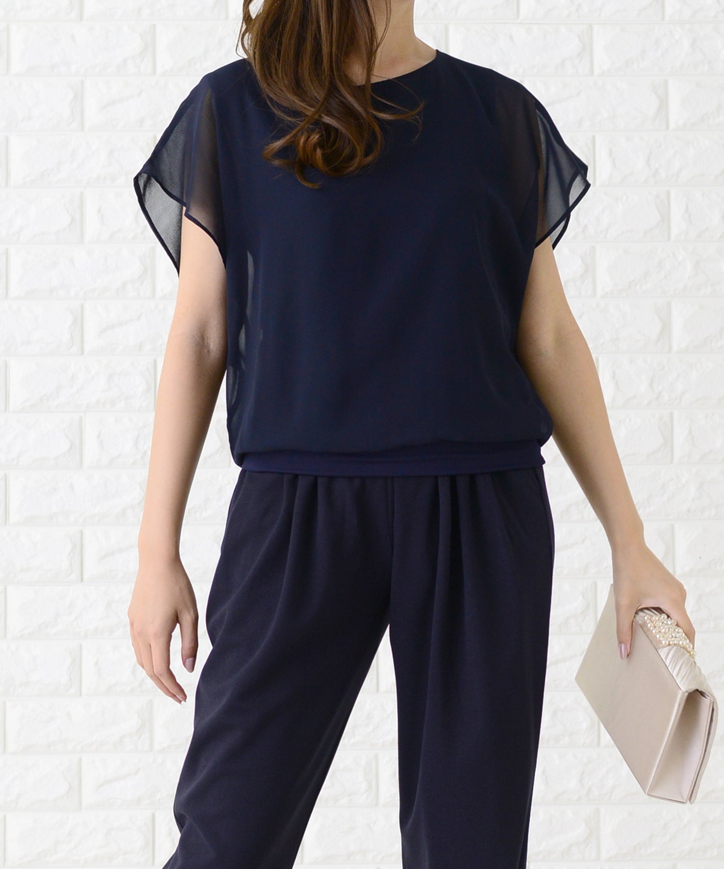 シフォンフリル袖クルーネックシンプルセットアップ・パンツドレス
