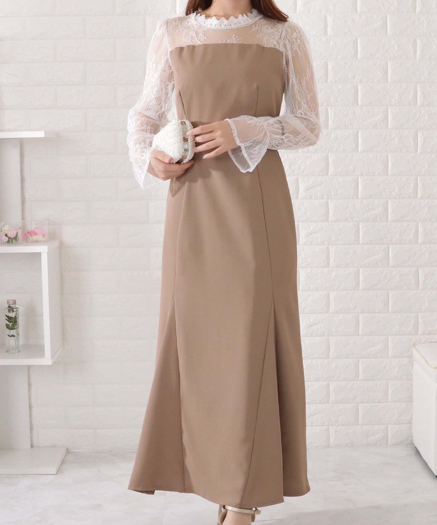 キャンディスリーブレースドッキングロングワンピース