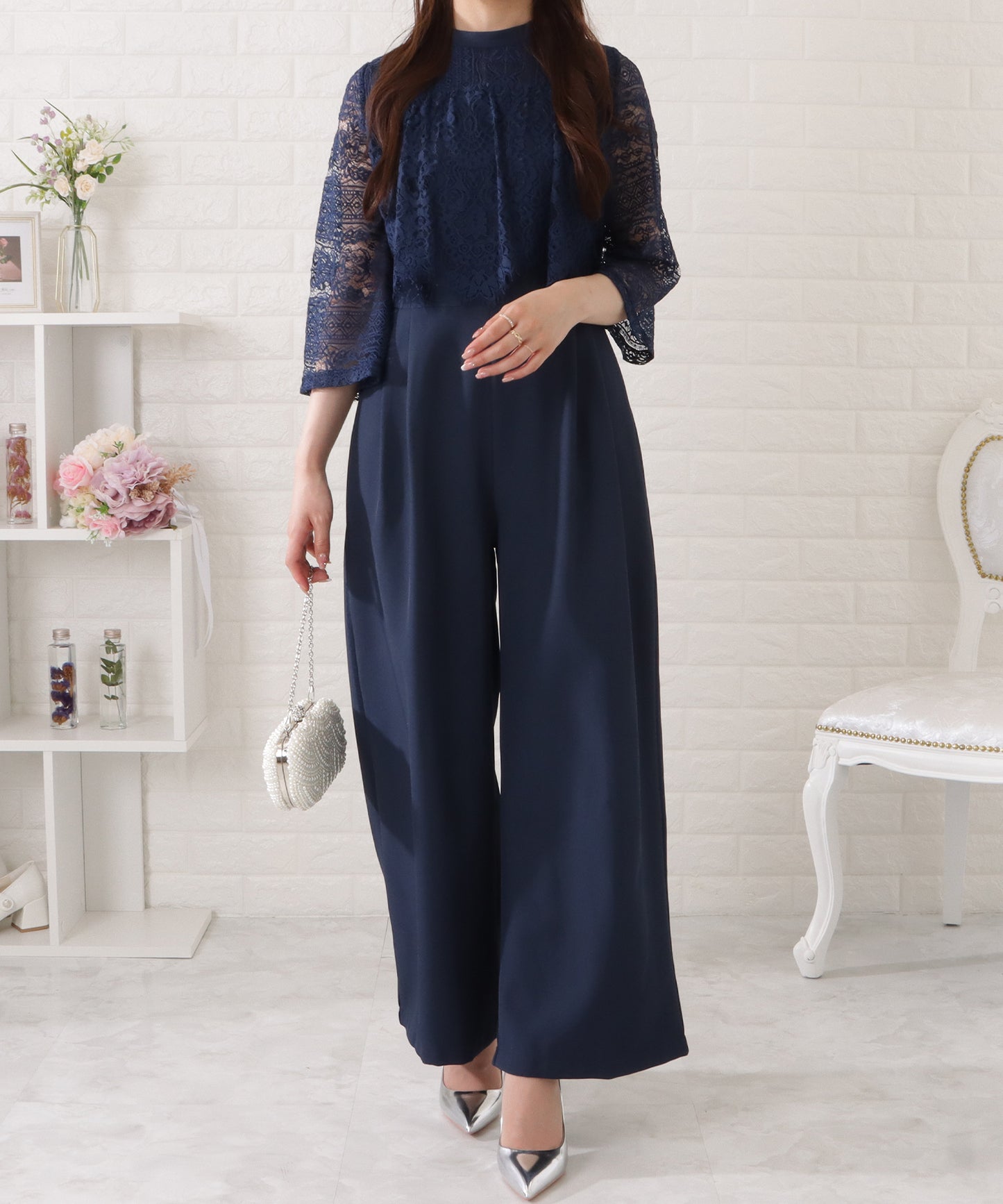 レースブラウス×ワイドボトムオールインワン