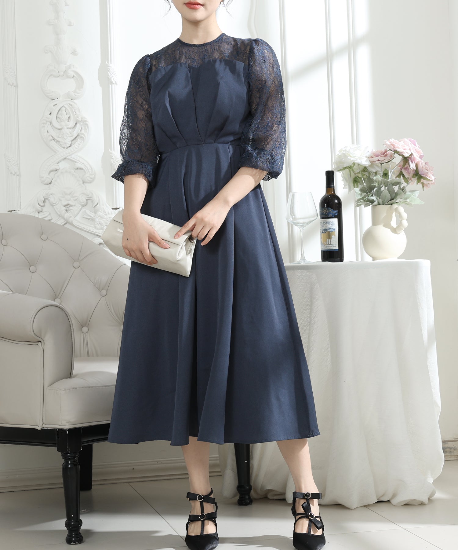 ビスチェ風 レース 切り替え 6分袖 ワンピース – Lace Ladies