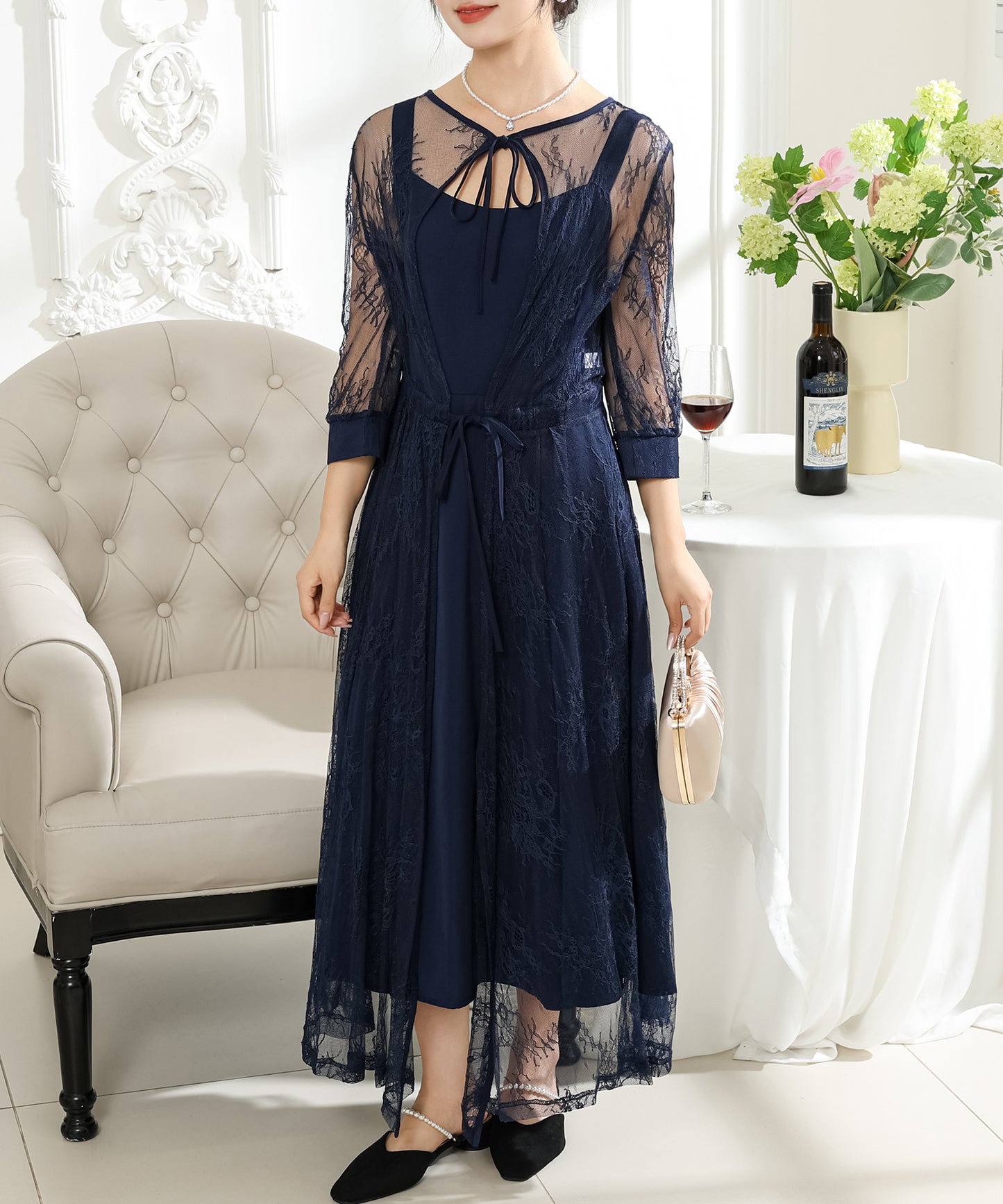 【2点セット】レーストッパー付き ロング フレア ワンピース