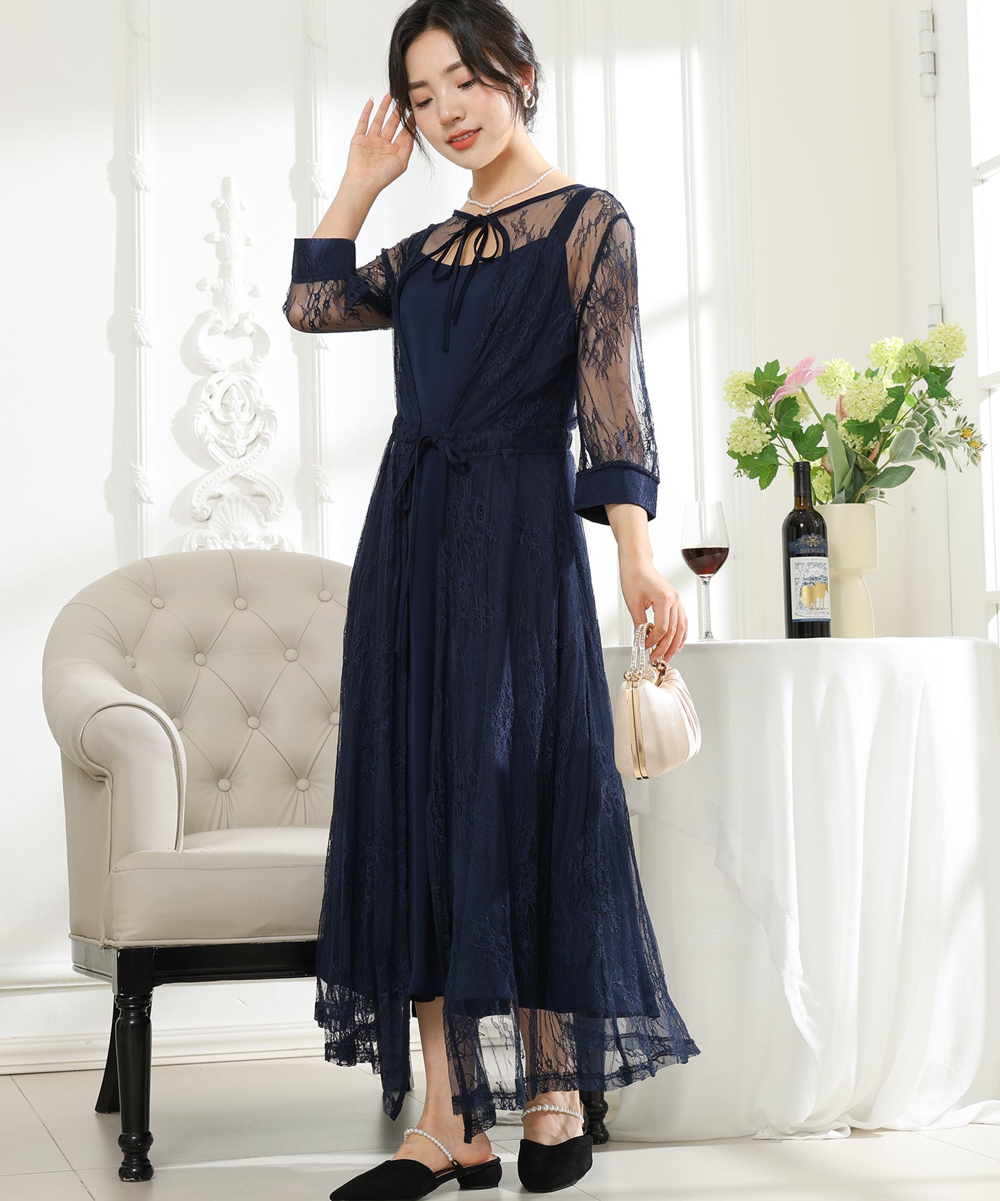 【2点セット】レーストッパー付き ロング フレア ワンピース