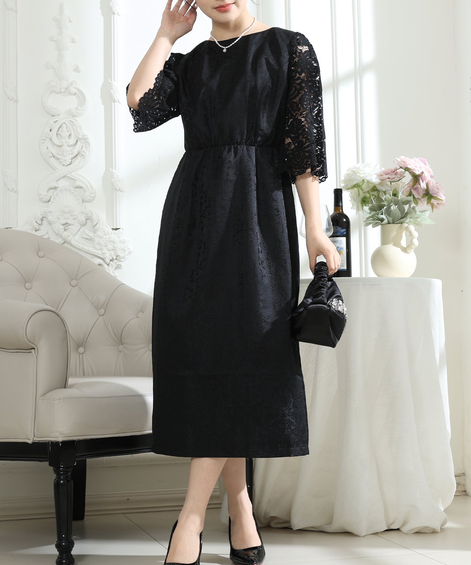 レース 切り替え 6分袖 ナロー ワンピース – Lace Ladies