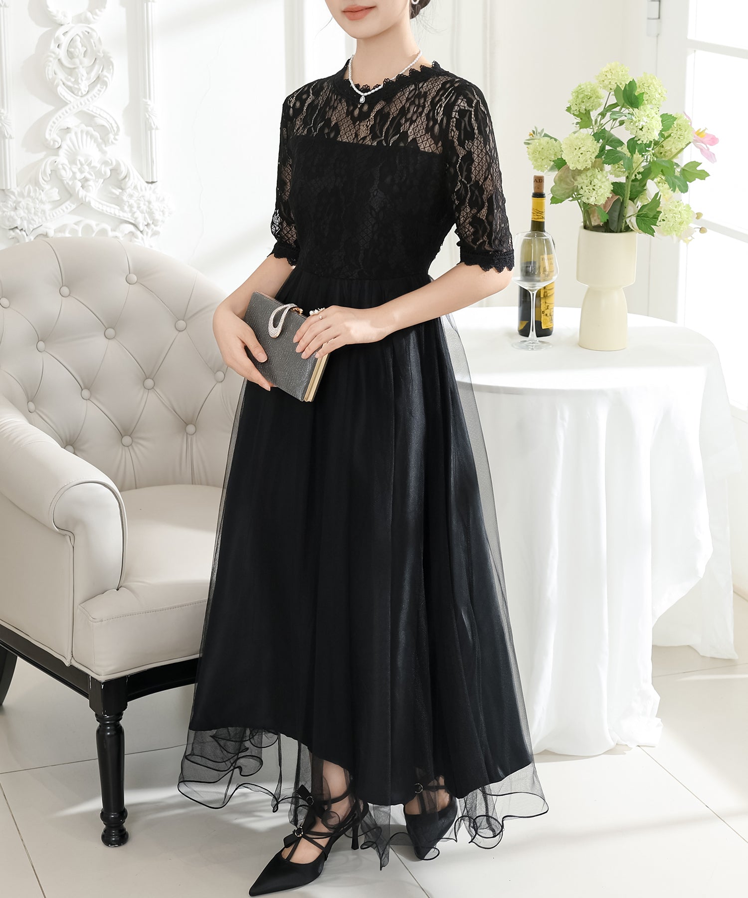 プチハイネック レース ドッキング 半袖 チュール ワンピース