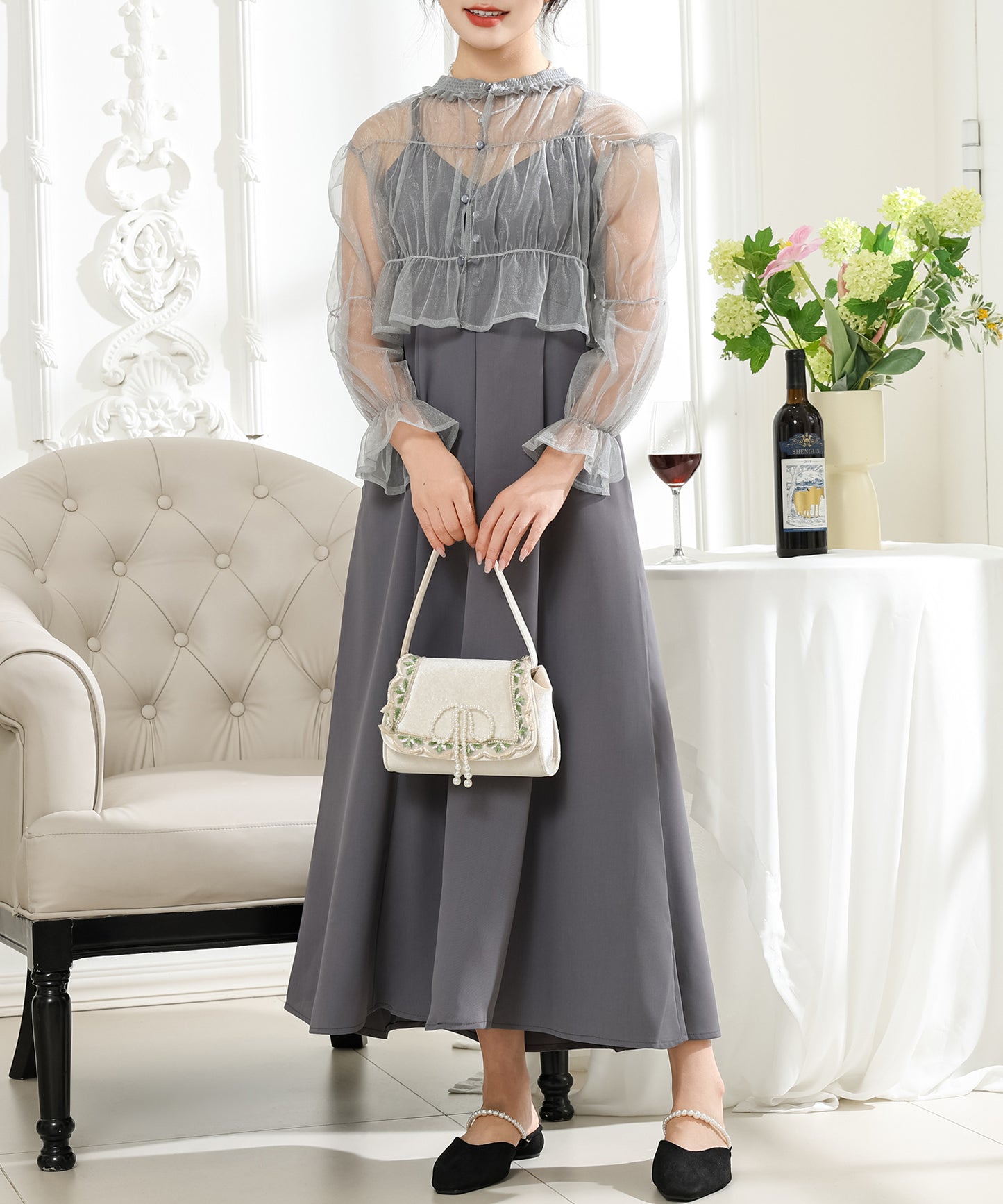 【2点セット】シアー ボレロ付き キャミソール マキシ ワンピース