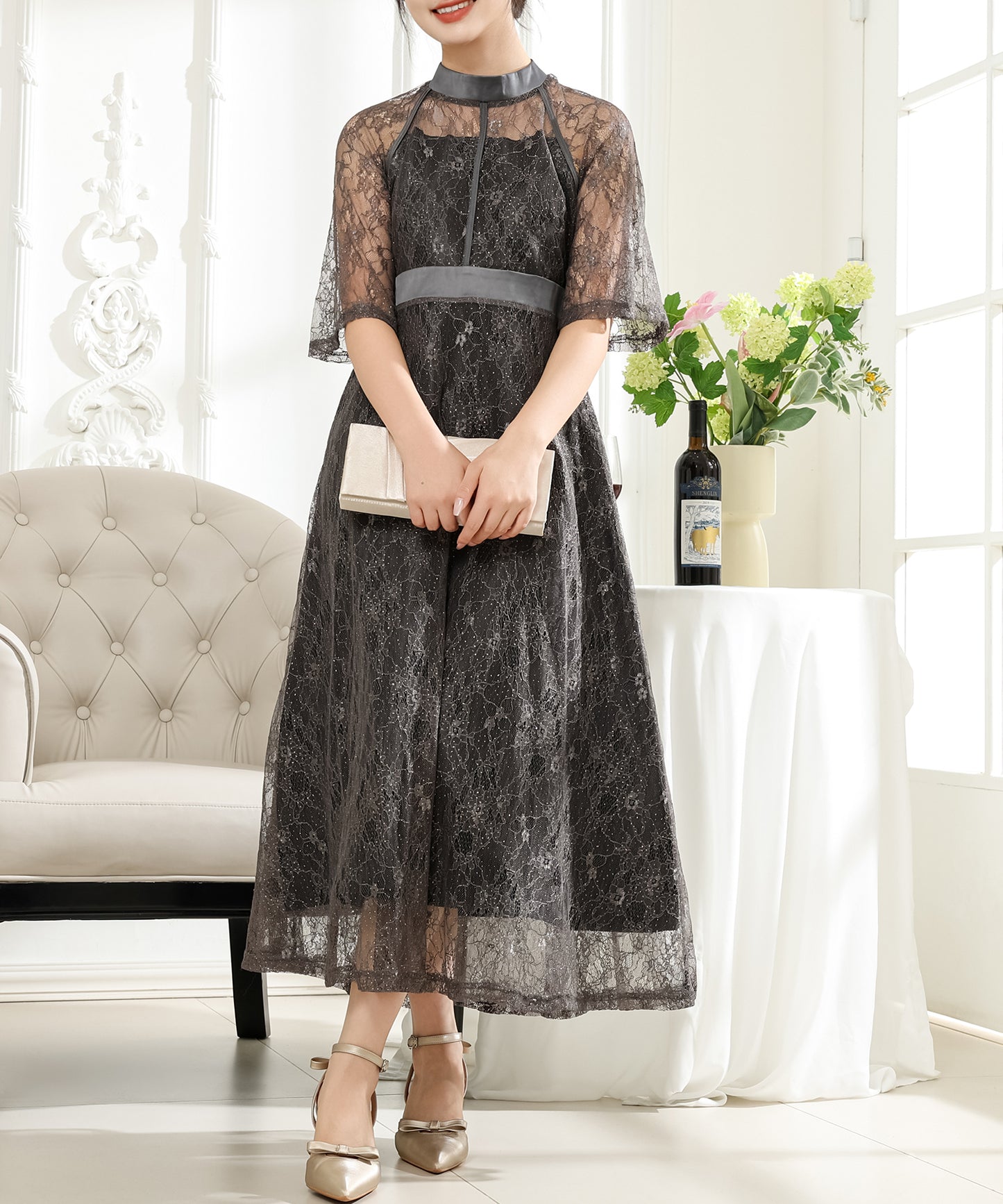 総レース プチハイネック ハーフ袖 フレア ワンピース