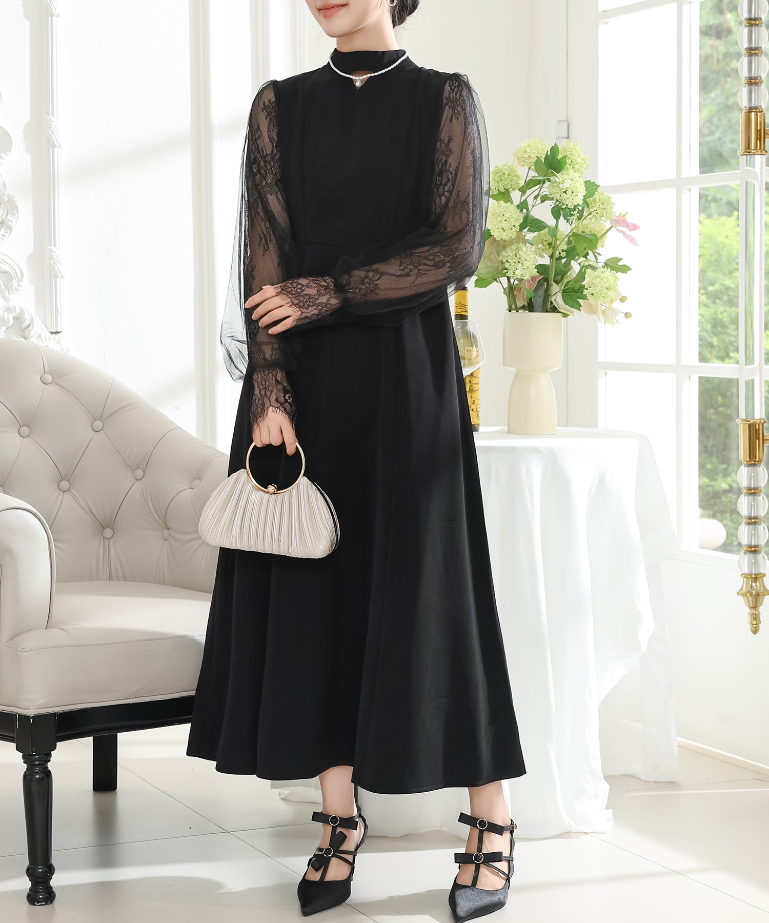 値下げ　美品✨プチハイネックレース切替ハイウエストミモレ丈ワンピースドレス プチハイネック レース ドッキング ロング ワンピース – Lace Ladies