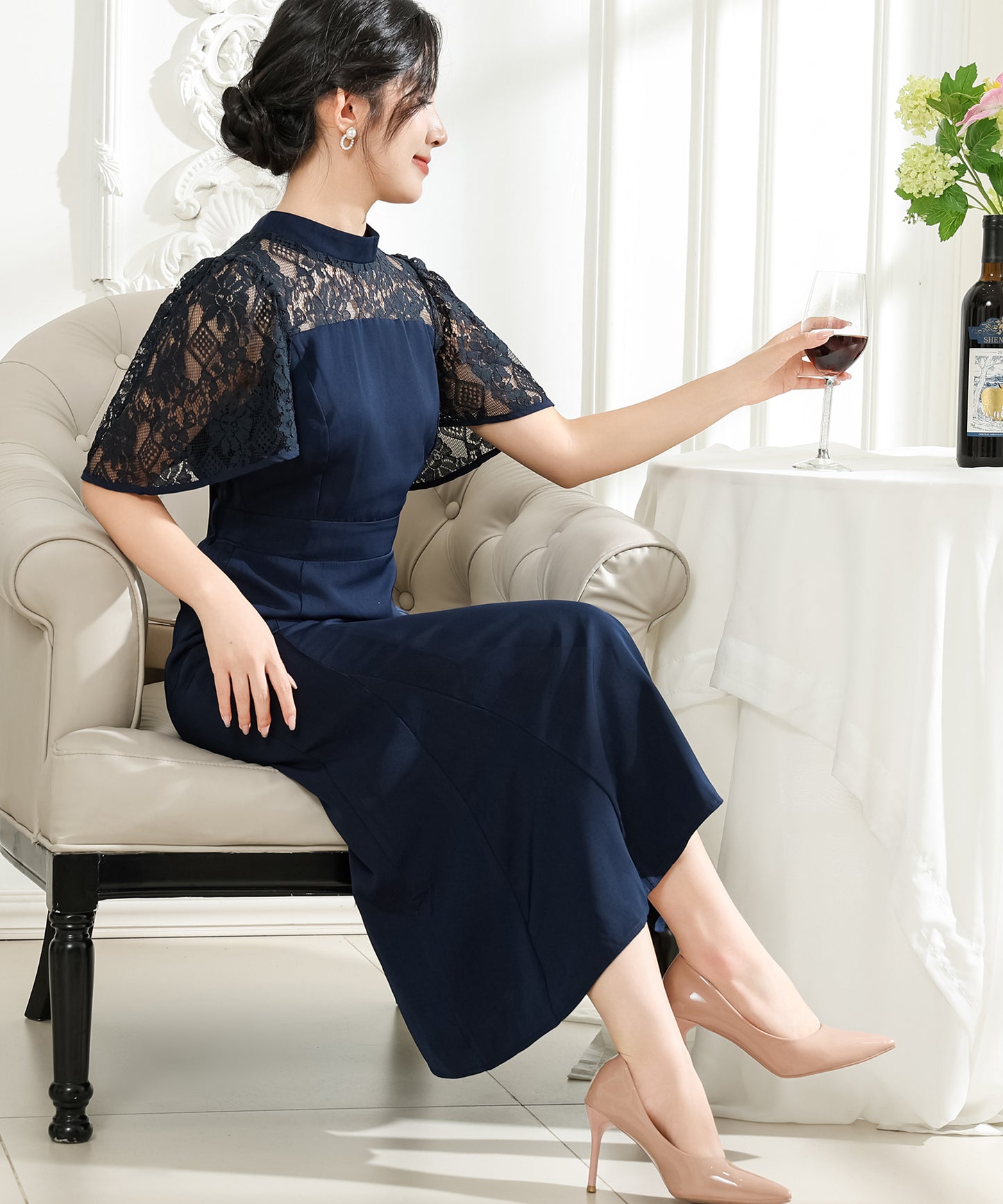 レース ドッキング プチハイネック ロング ワンピース