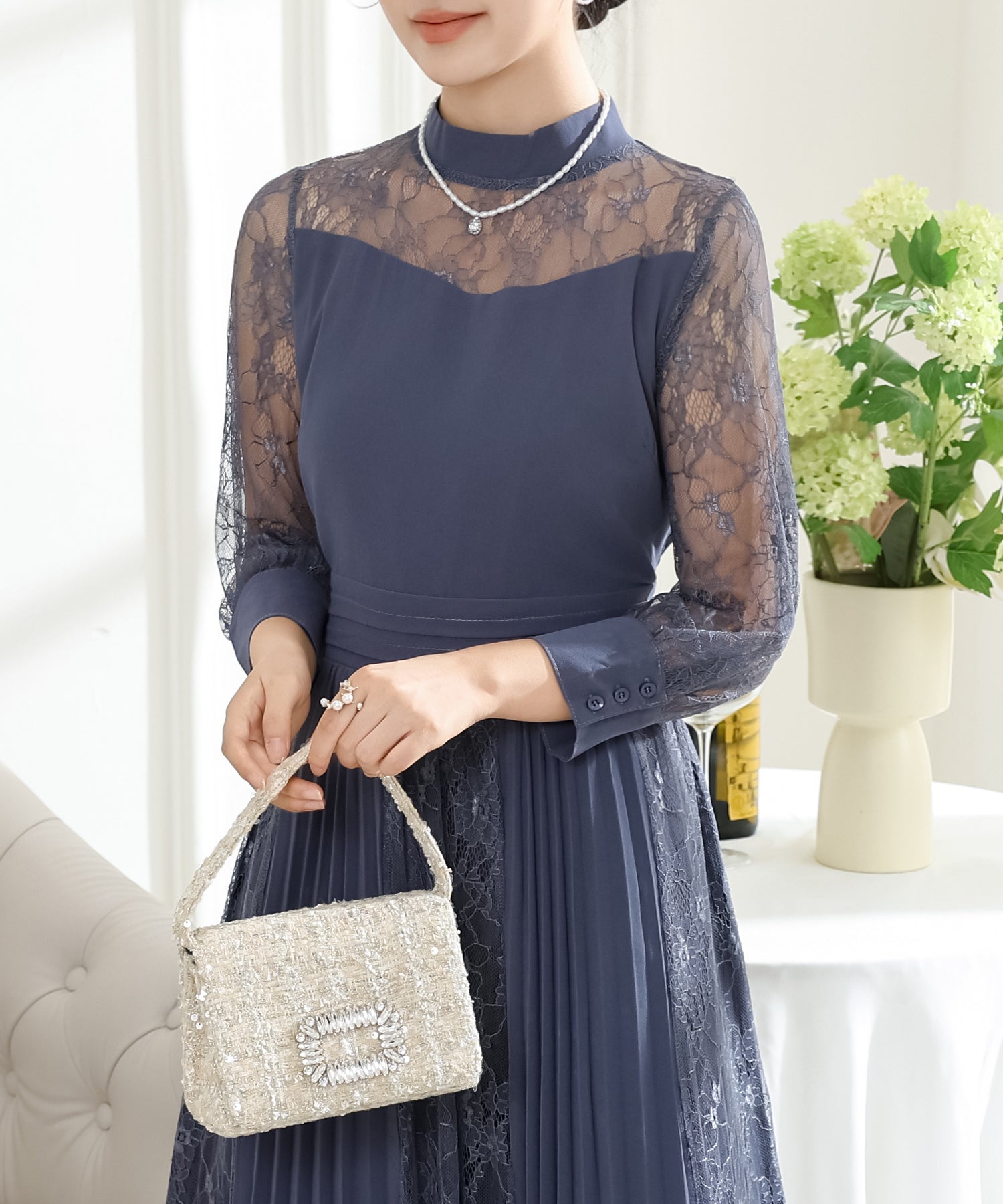 値下げ　美品✨プチハイネックレース切替ハイウエストミモレ丈ワンピースドレス GIRLプチハイネックレース切替ハイウエストミモレ丈ワンピースドレス M