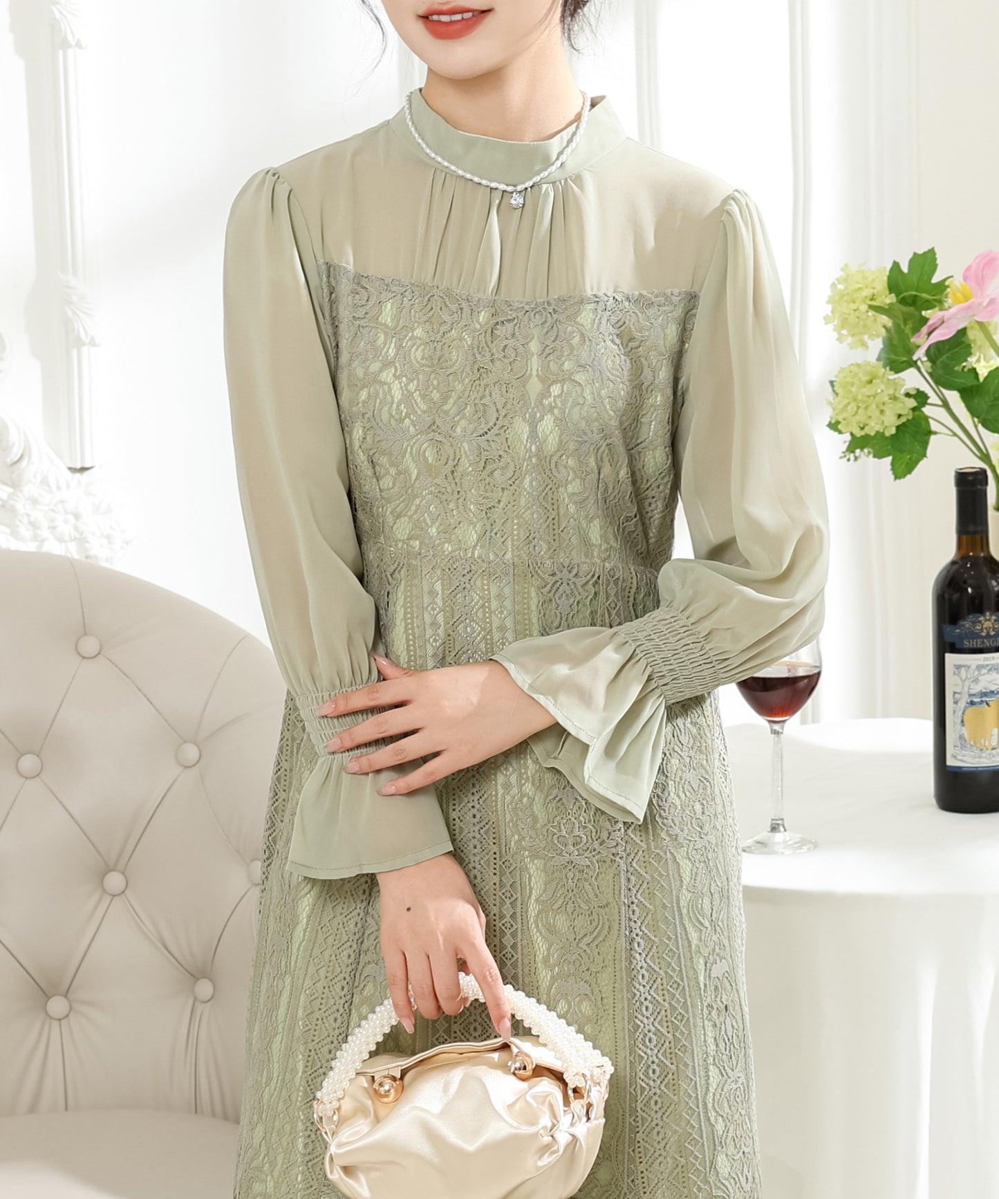 キャンディ袖 クラシカル レース ドッキング ワンピース