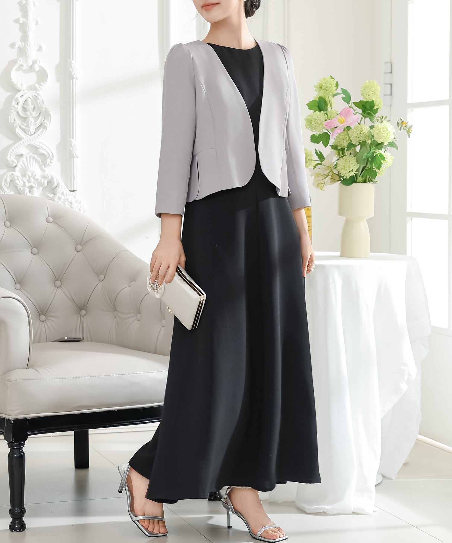 2点セット】 ノーカラー ジャケット付き Aライン ノースリーブ