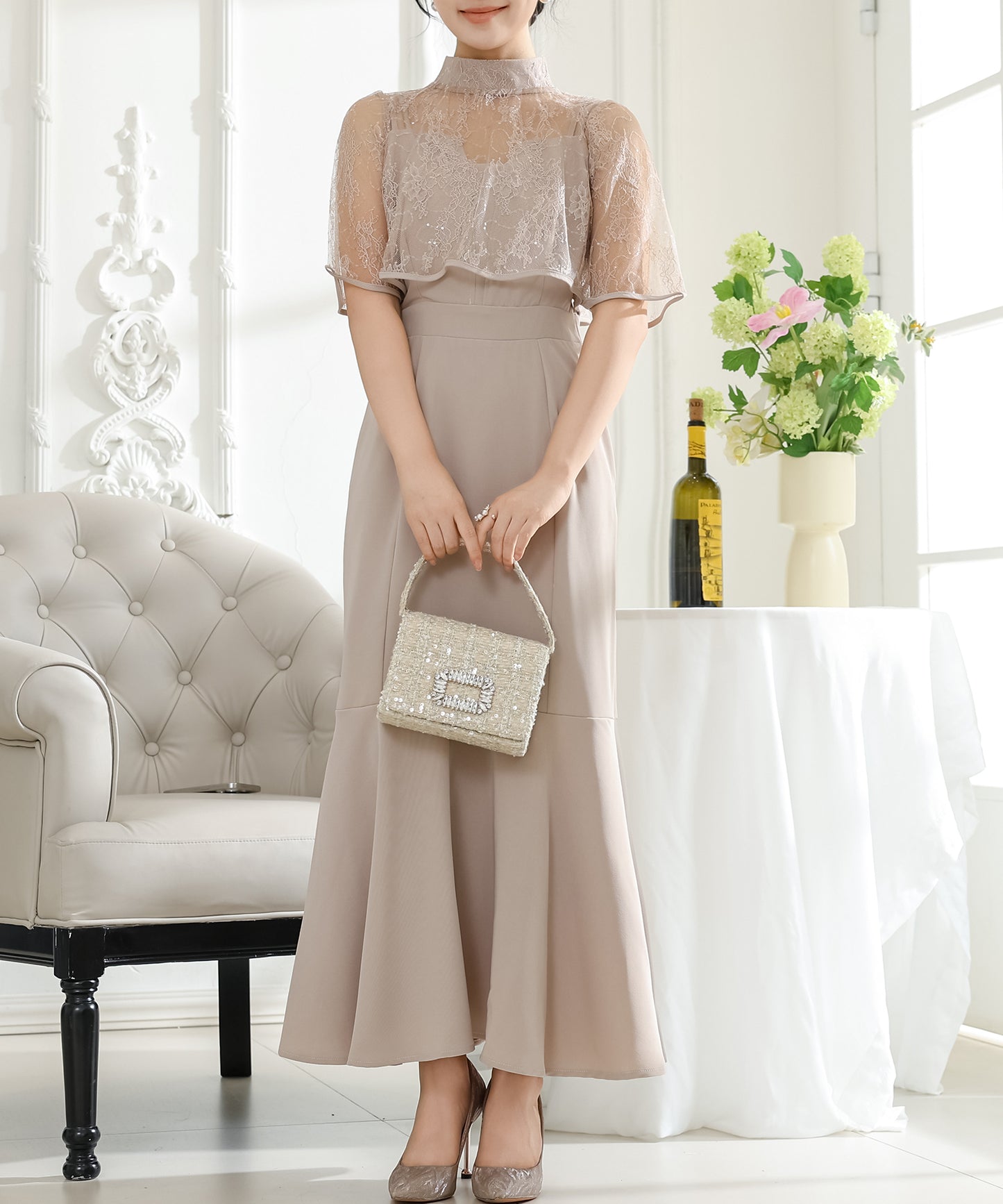 【2点セット】 レース ボレロ付き Vスリット キャミソール マーメイド ワンピース
