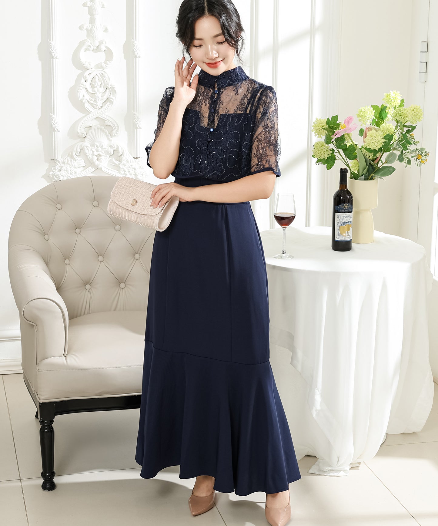 【2点セット】 レース ボレロ付き Vスリット キャミソール マーメイド ワンピース