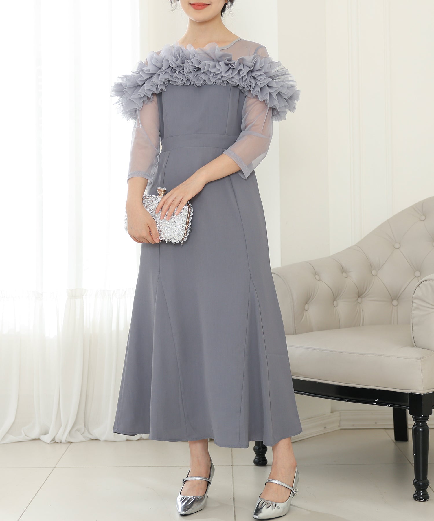 チュールフリル シアー 切り替え フレア ロング ドレス – Lace Ladies